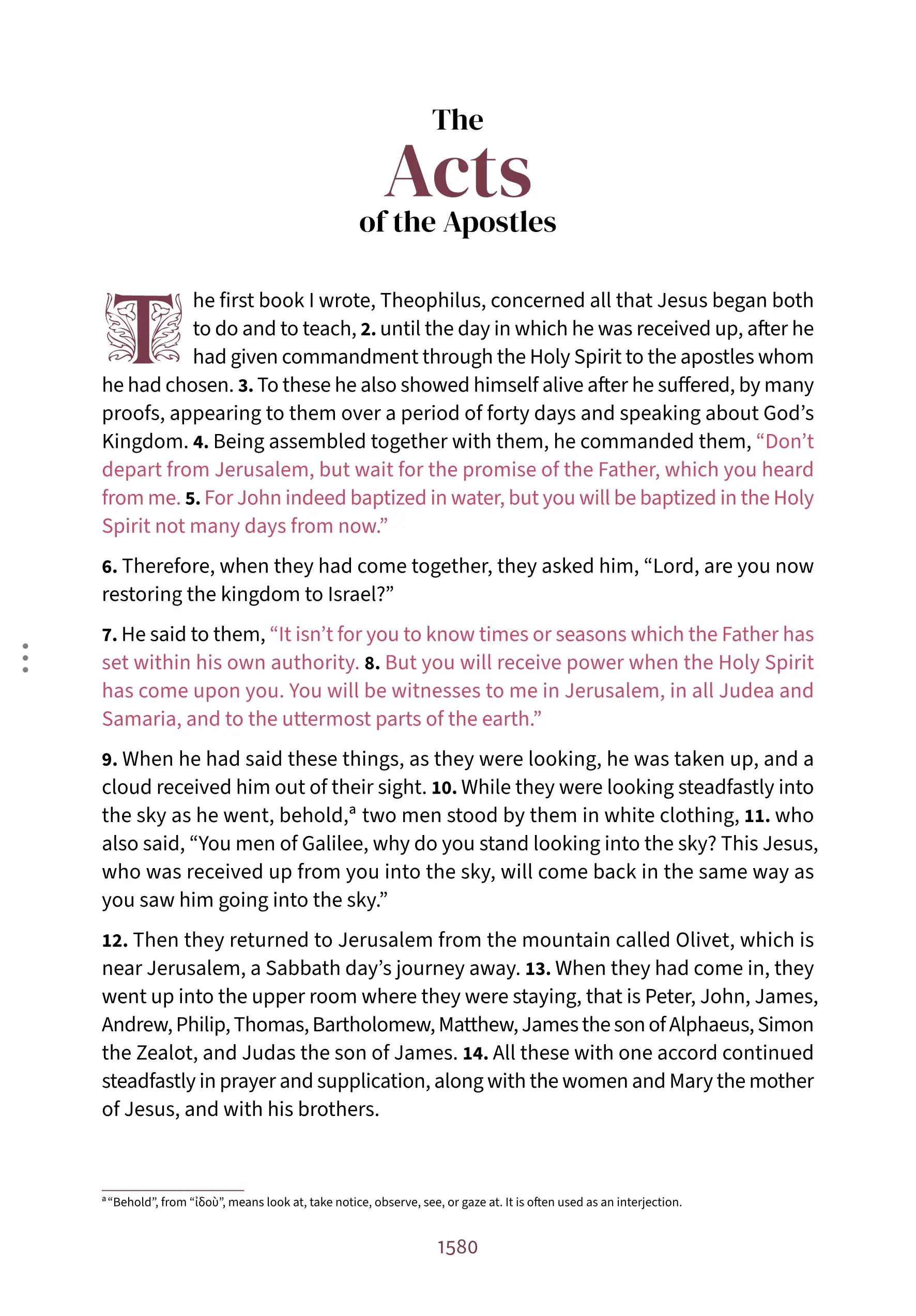 First page of Acts in the Embrace reading layout, with the words of Jesus highlighted in red