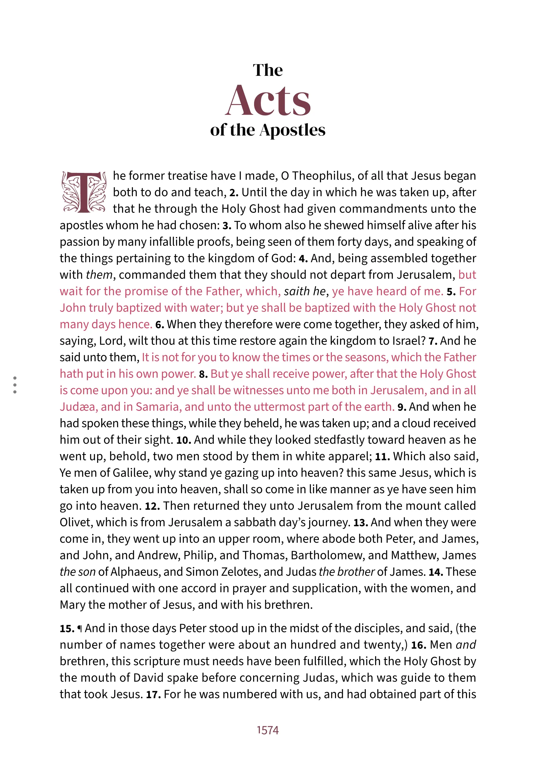First page of Acts in the Embrace reading layout, with the words of Jesus highlighted in red