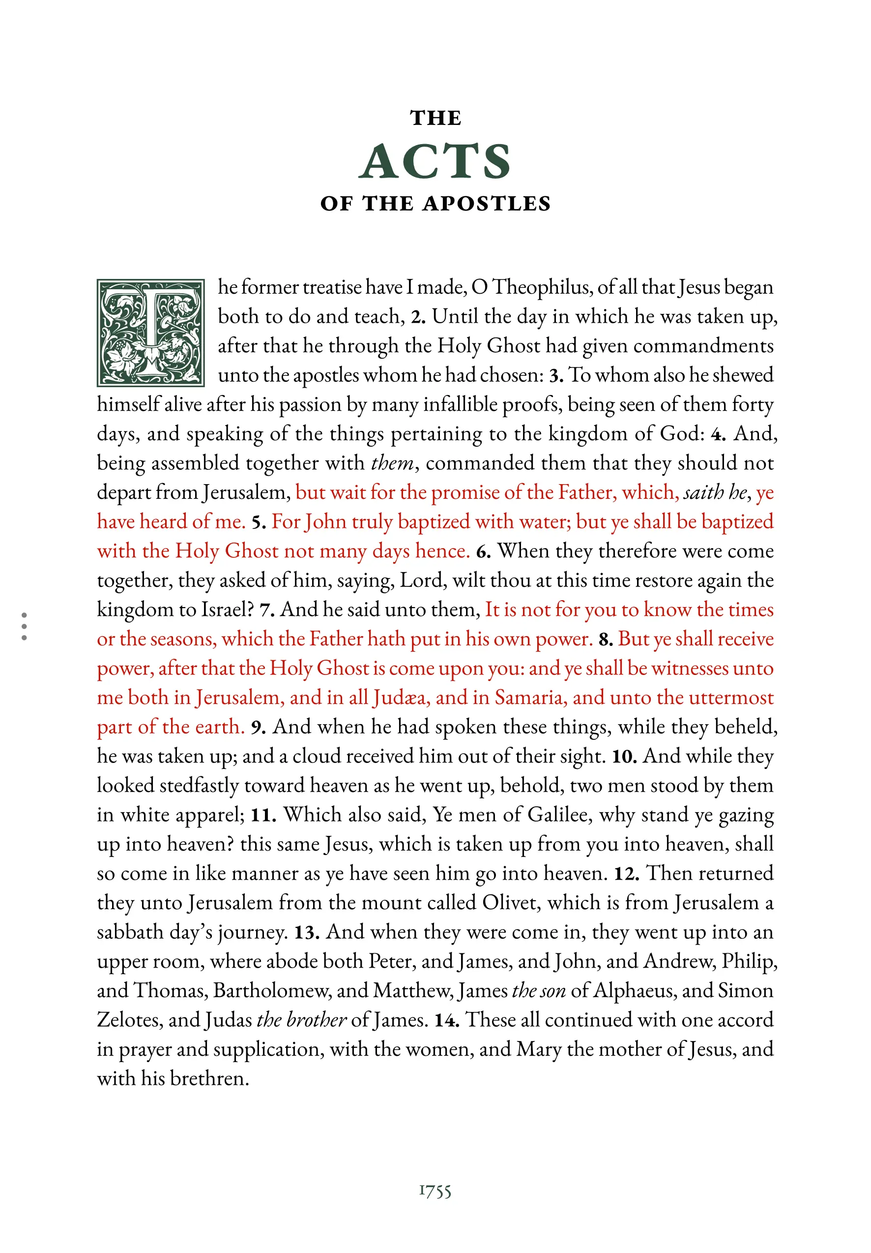 First page of Acts in reading layout, with the words of Jesus highlighted in red