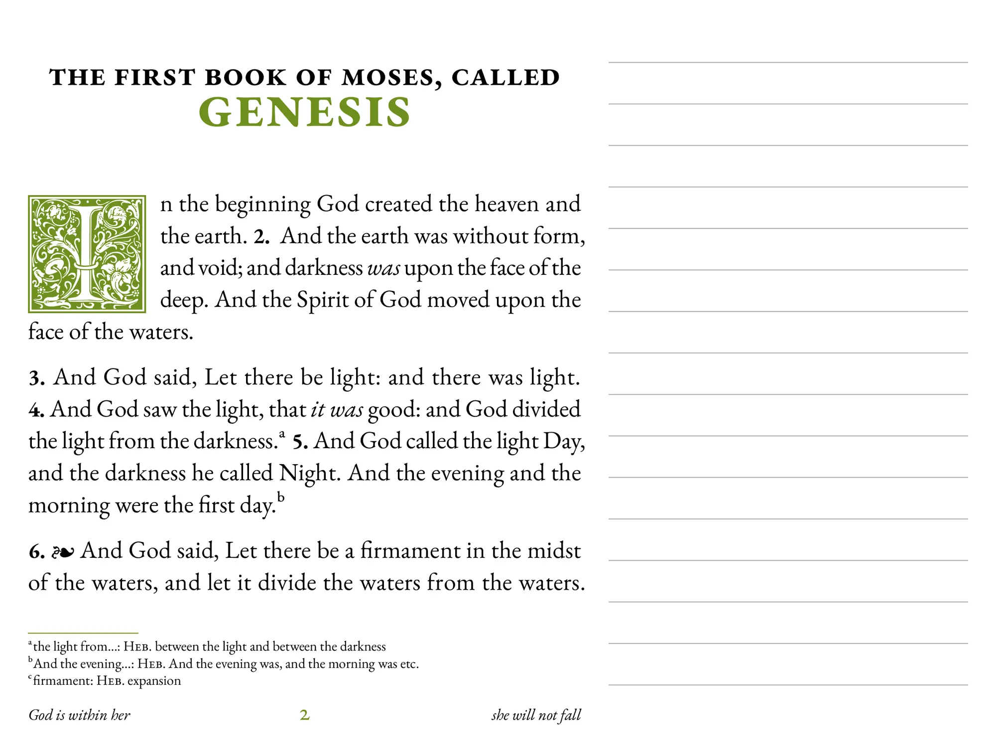 Interior spread of Personal Edition Notetaking showing Genesis with green accents and lined margin