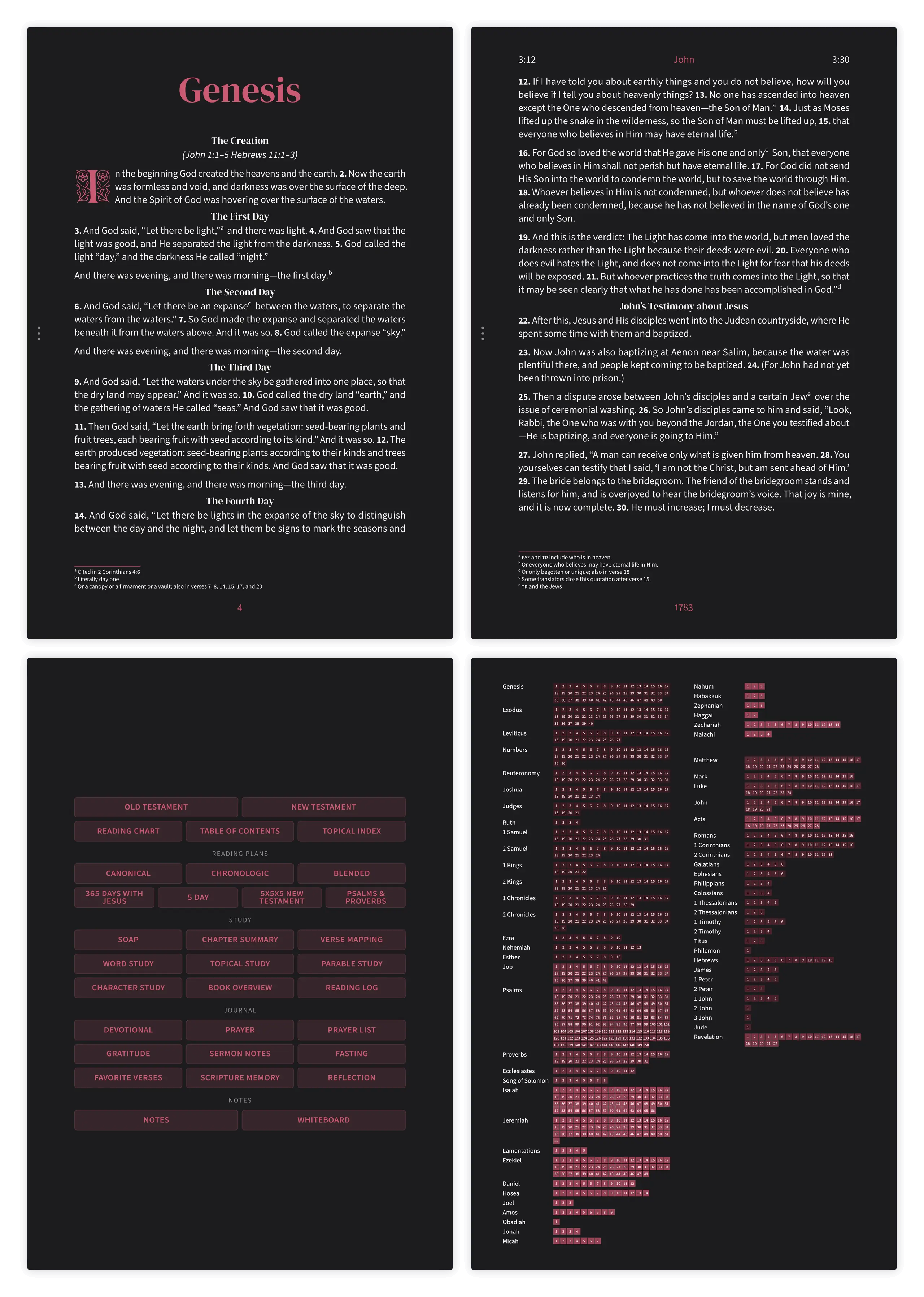 Dark mode Bible pages in the Embrace design showing Genesis and John side by side