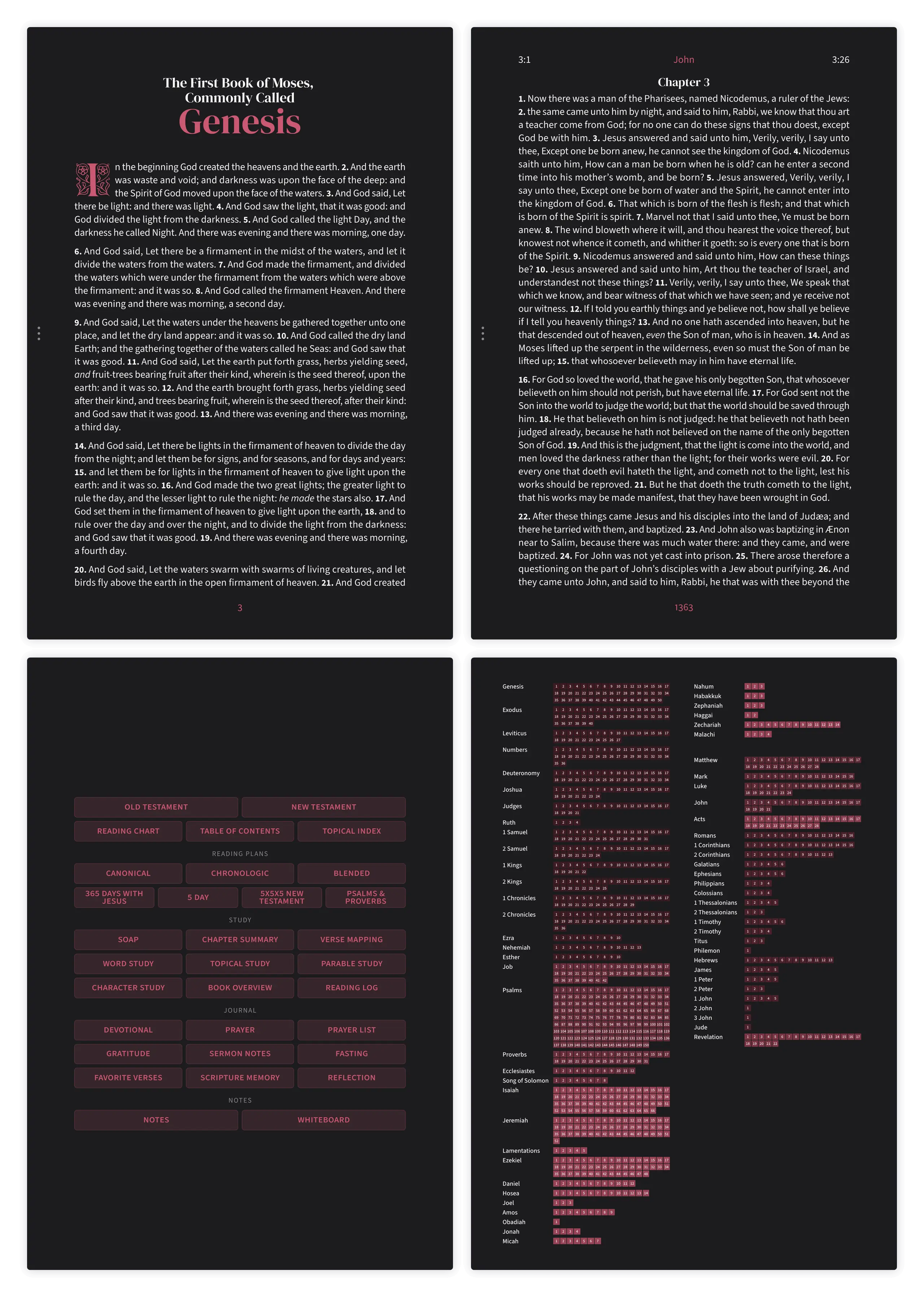Dark mode Bible pages in the Embrace design showing Genesis and John side by side