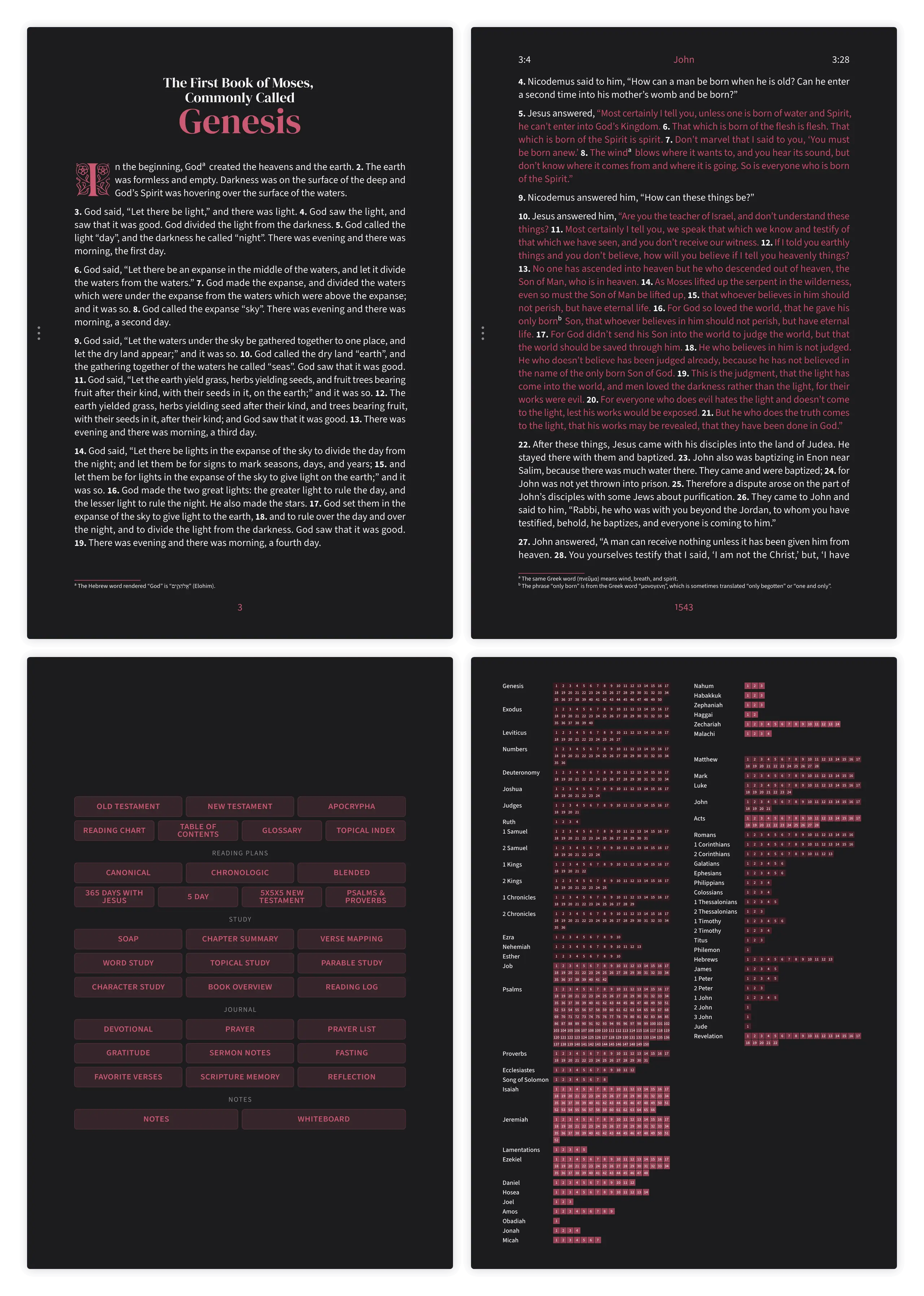 Dark mode Bible pages in the Embrace design showing Genesis and John side by side