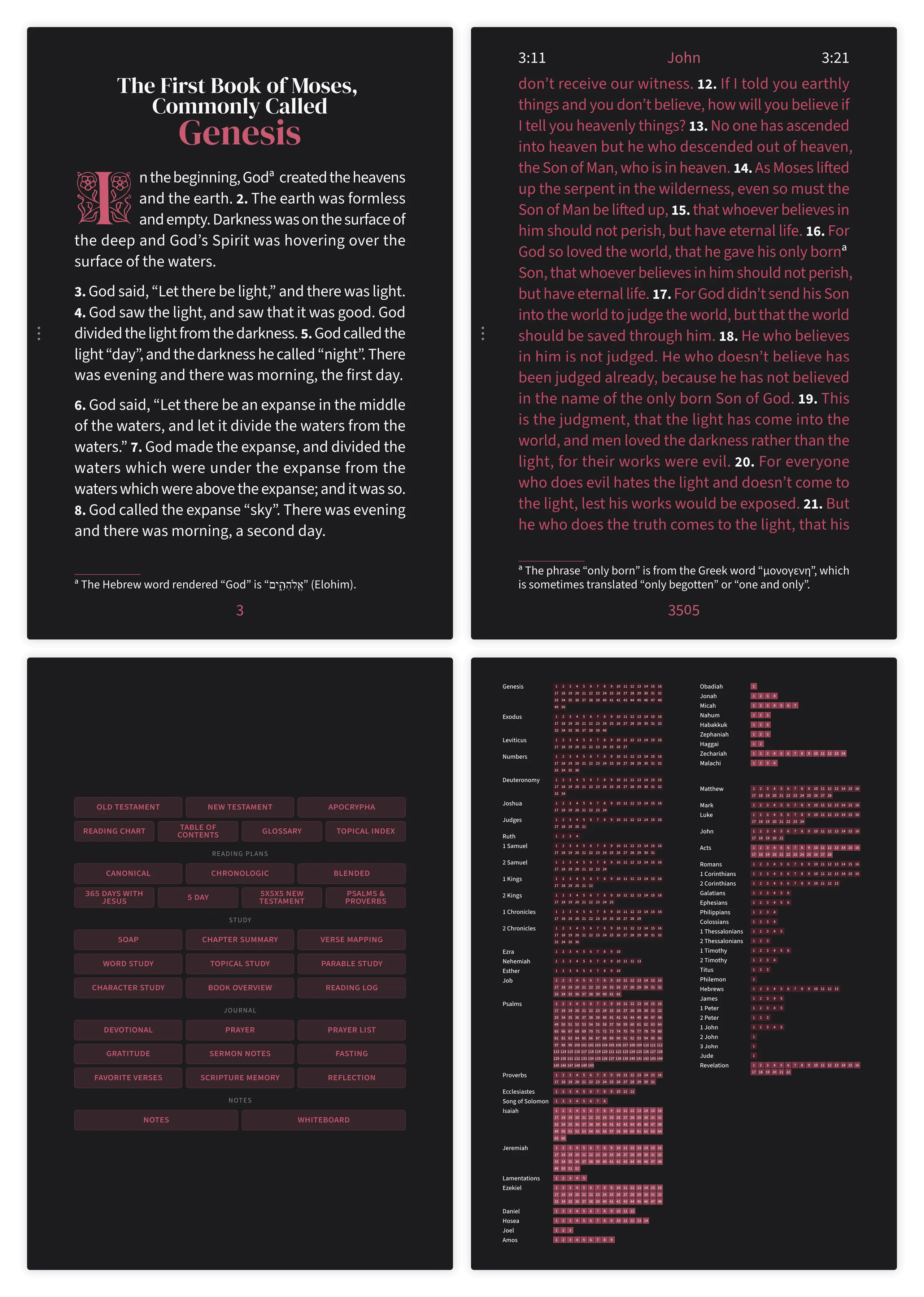 Dark mode Bible pages in the Embrace large print layout