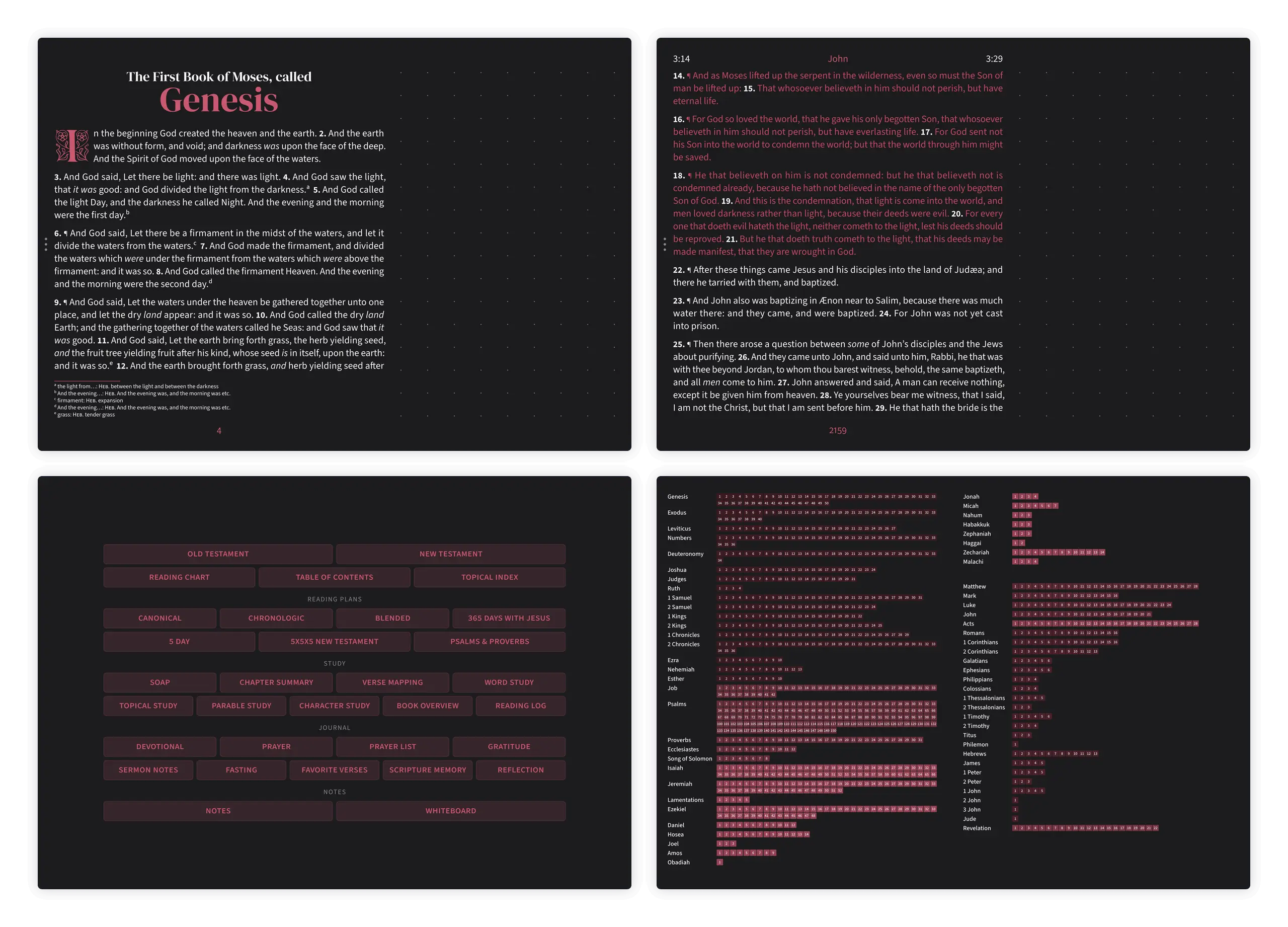 Dark mode Bible pages in the Embrace notetaking layout with dotted margin