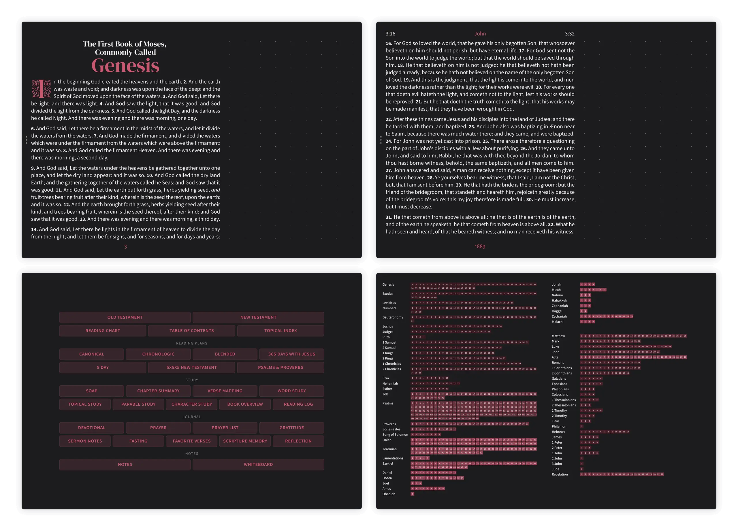 Dark mode Bible pages in the Embrace notetaking layout with dotted margin