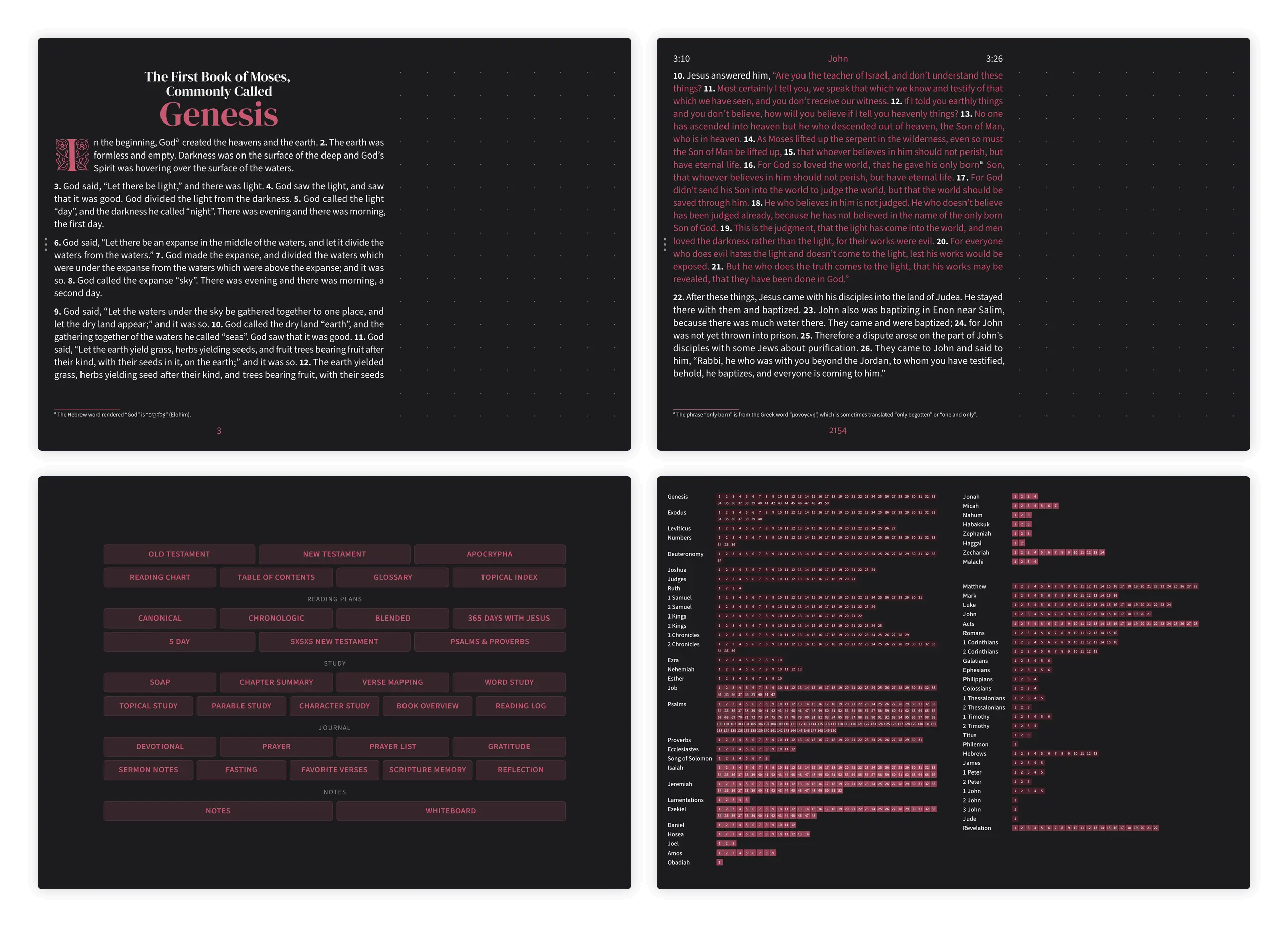 Dark mode Bible pages in the Embrace notetaking layout with dotted margin