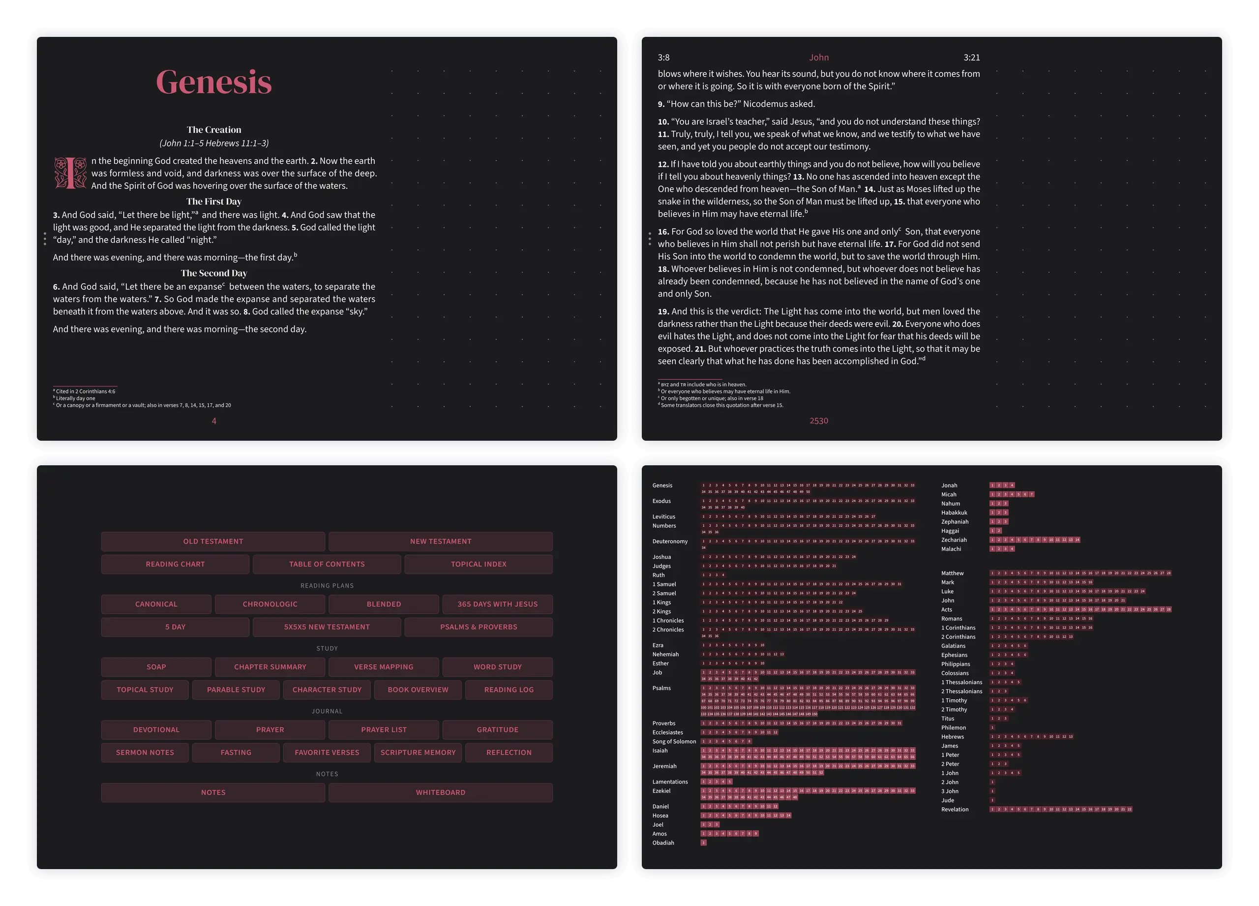 Dark mode Bible pages in the Embrace notetaking layout with dotted margin