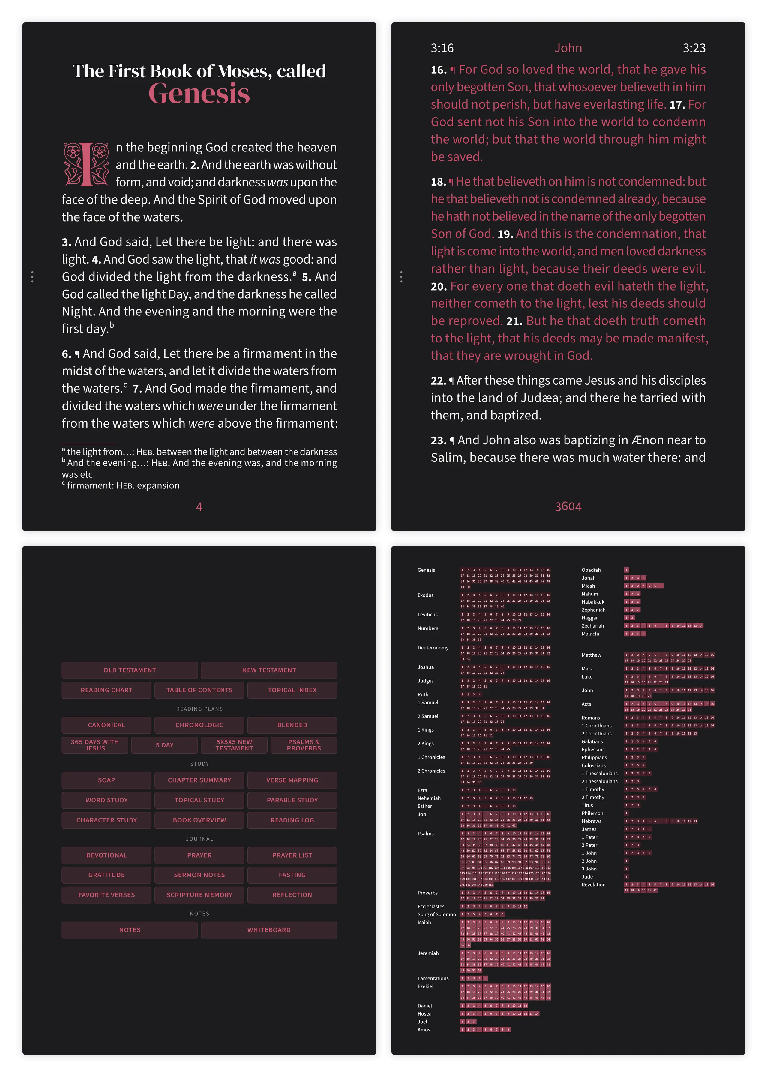 Dark mode Bible pages in the Embrace large print layout