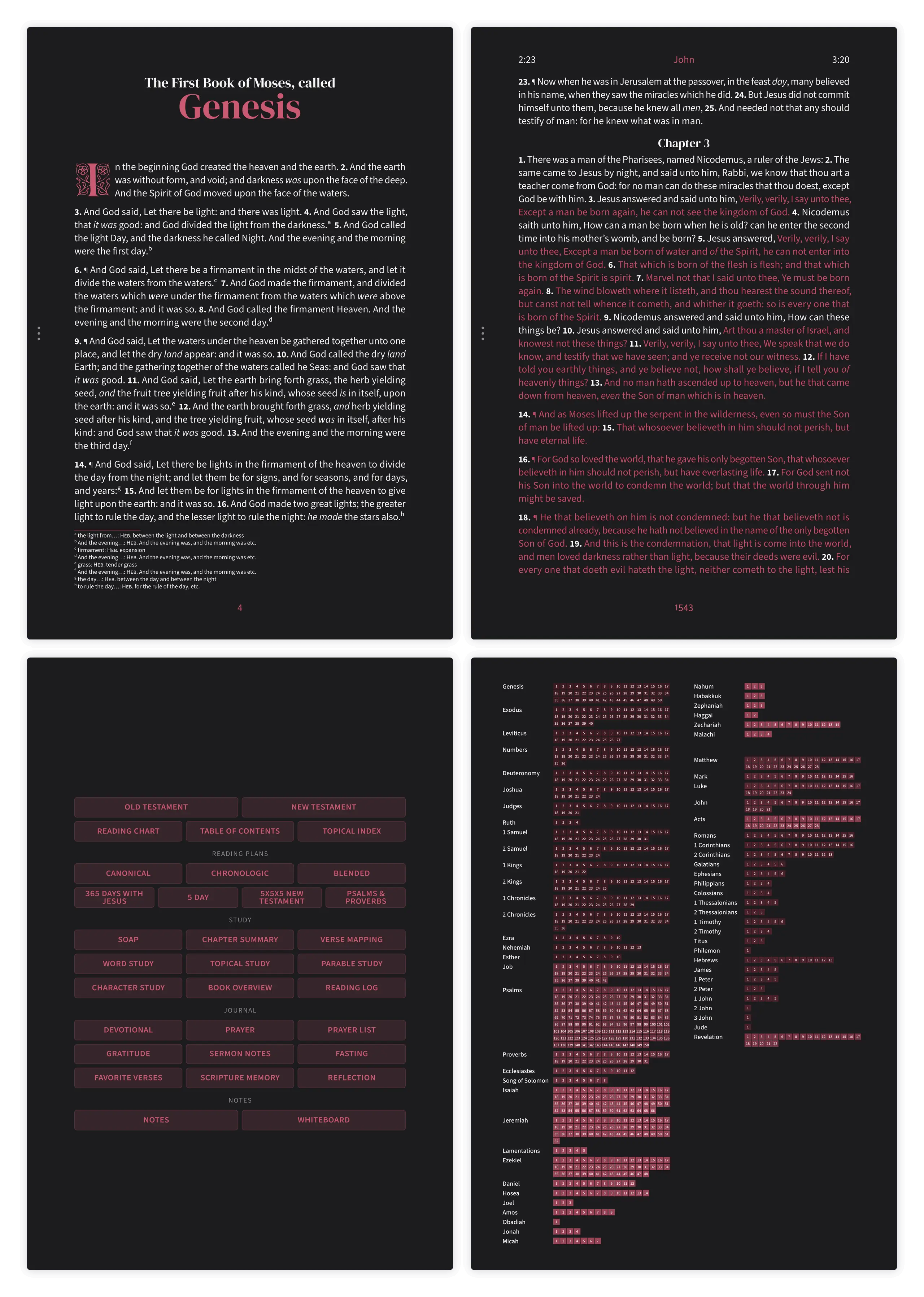 Dark mode Bible pages in the Embrace design showing Genesis and John side by side