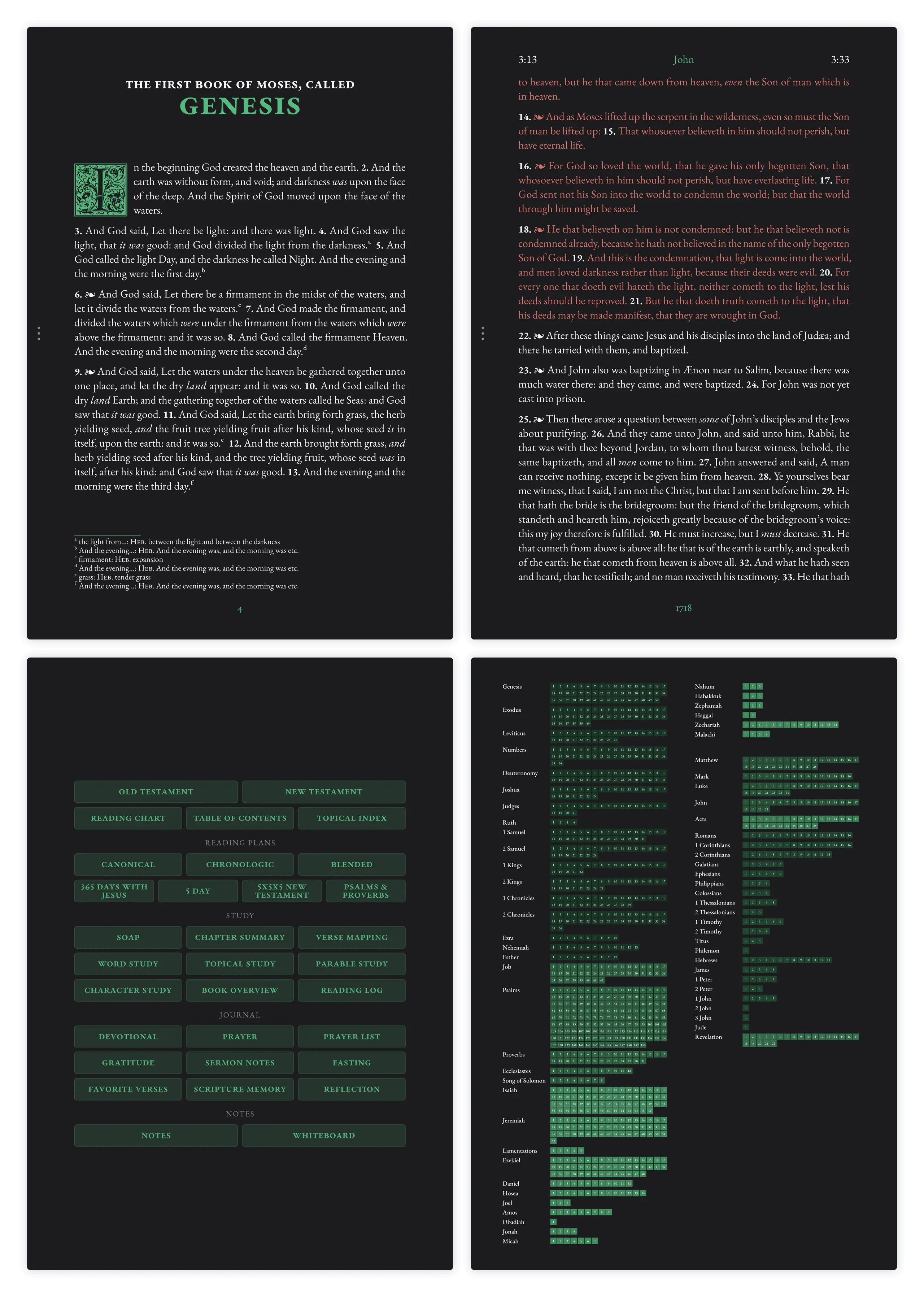 Dark mode Bible pages showing Genesis and John side by side