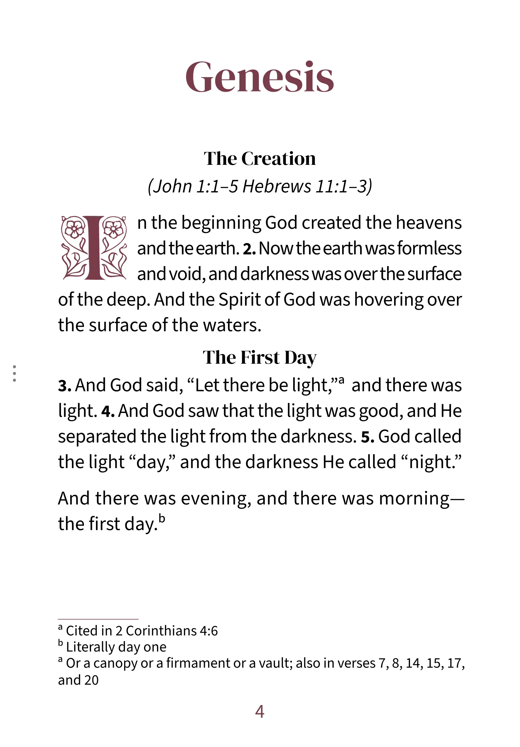 Interior page showing Genesis 1:1 in the Embrace large print reading layout