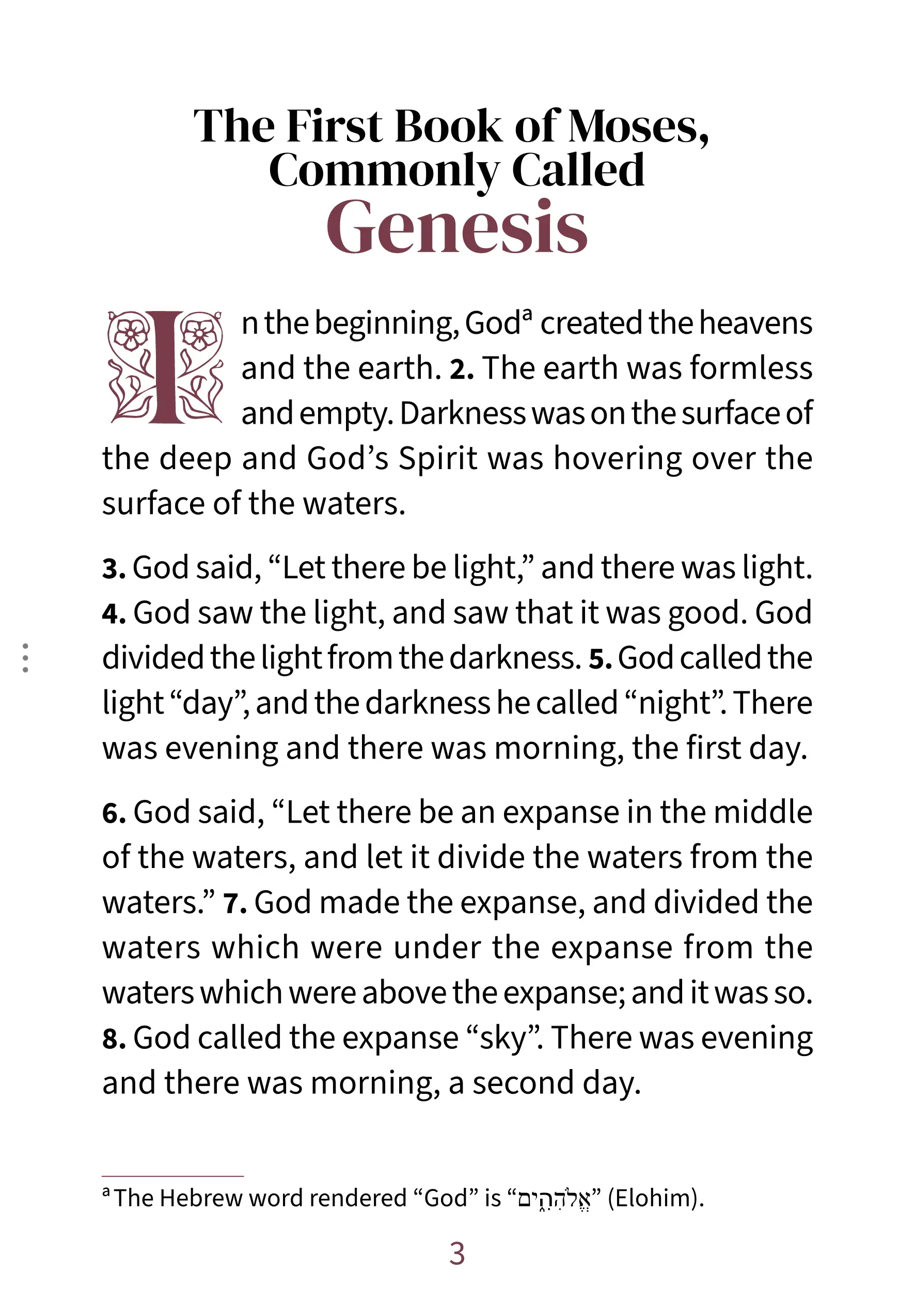 Interior page showing Genesis 1:1 in the Embrace large print reading layout
