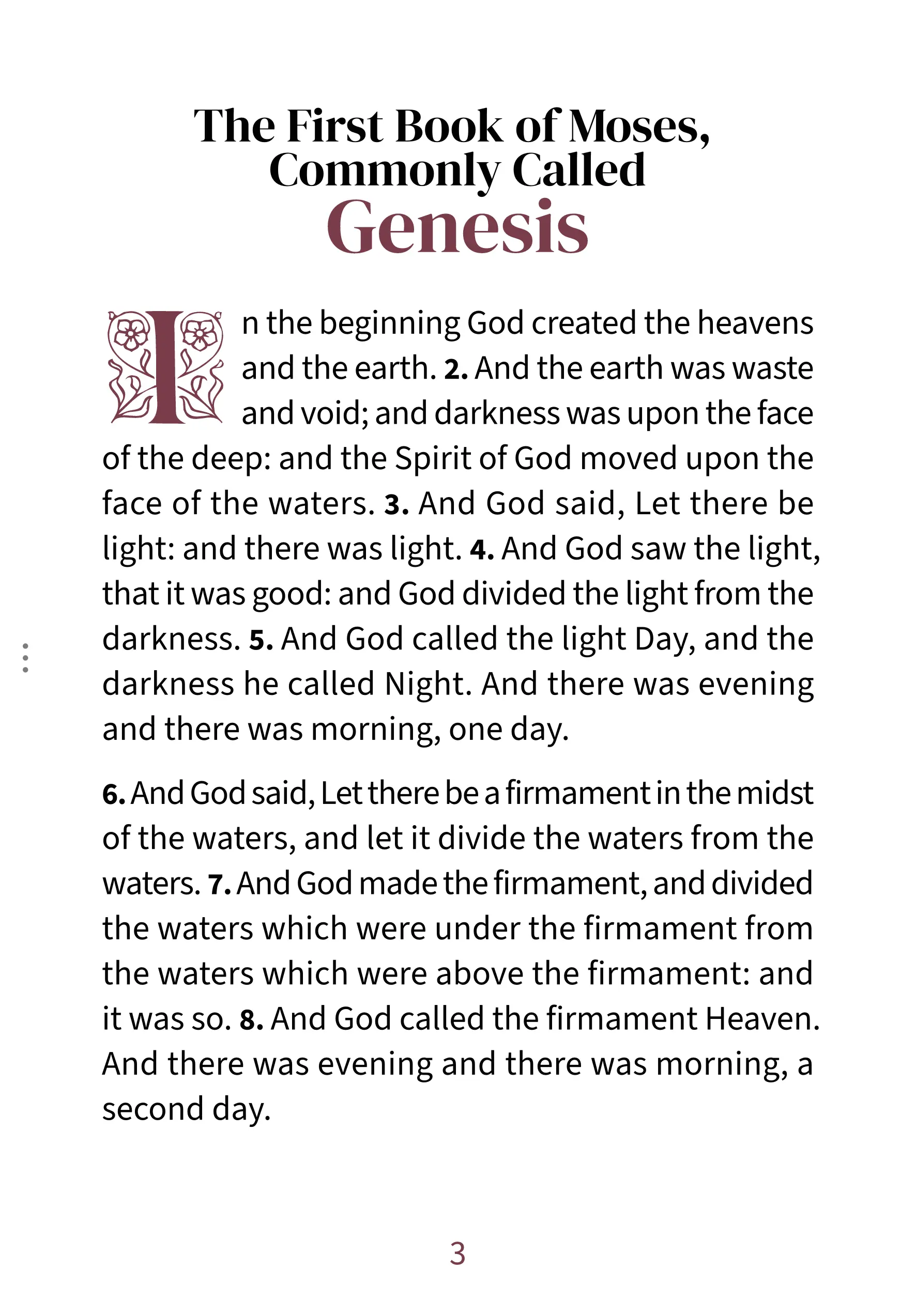 Interior page showing Genesis 1:1 in the Embrace large print reading layout