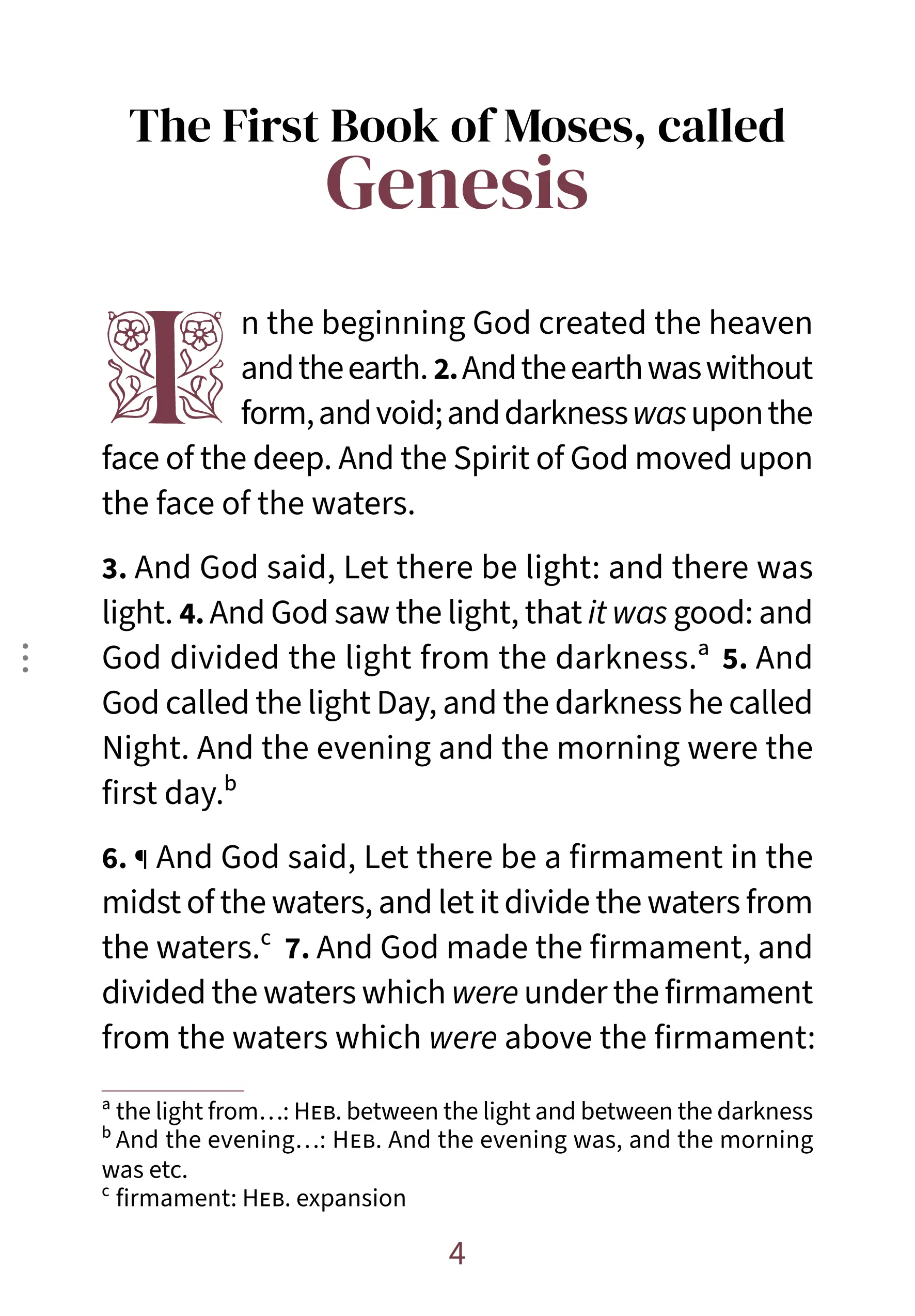 Interior page showing Genesis 1:1 in the Embrace large print reading layout