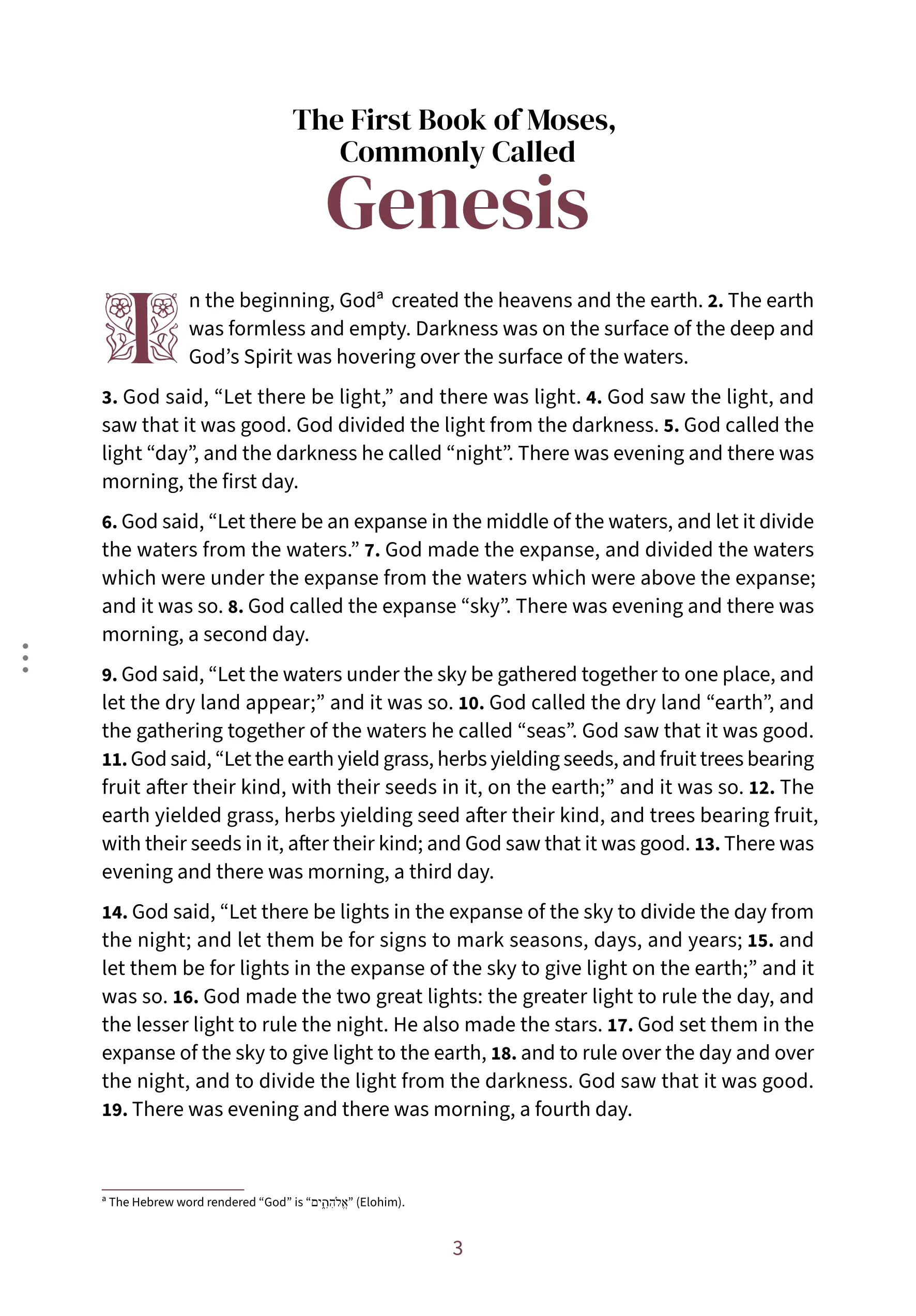 Interior spread showing Genesis 1:1 in the Embrace reading layout