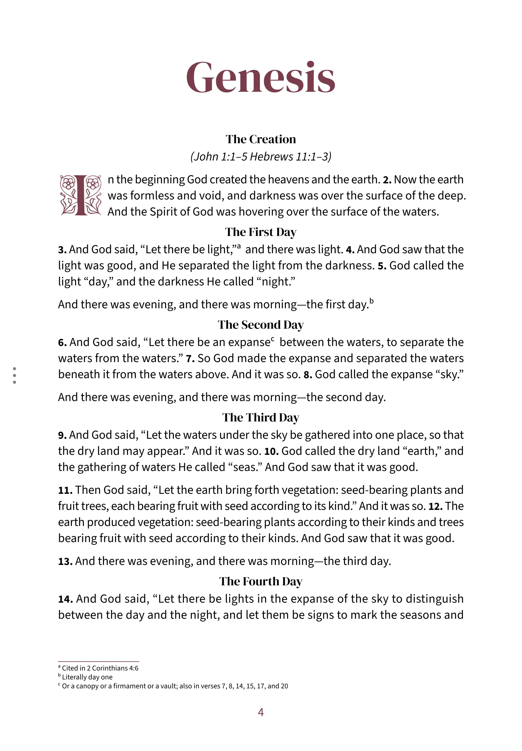 Interior spread showing Genesis 1:1 in the Embrace reading layout