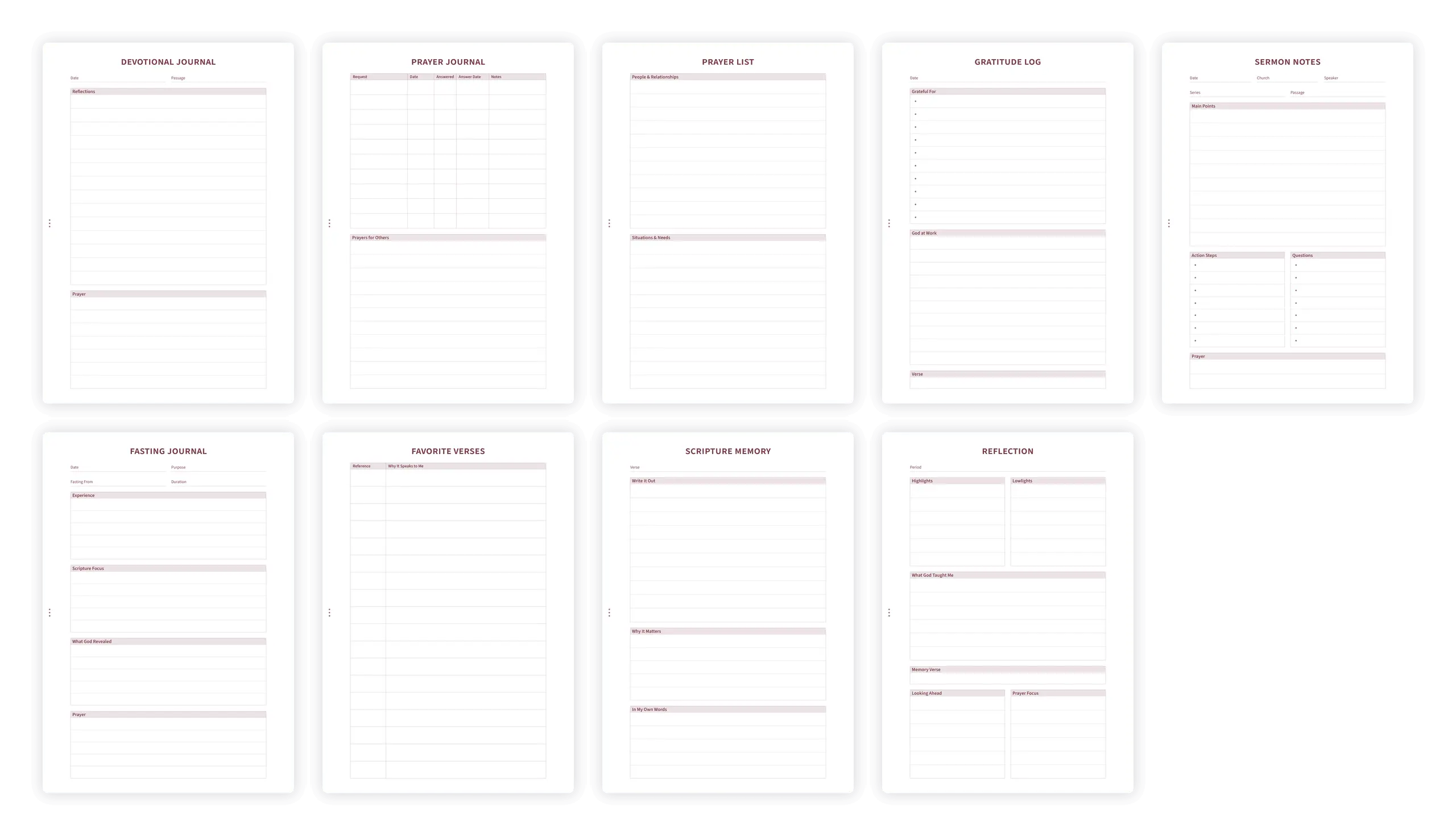 Overview of journal templates including prayer, gratitude, and sermon notes