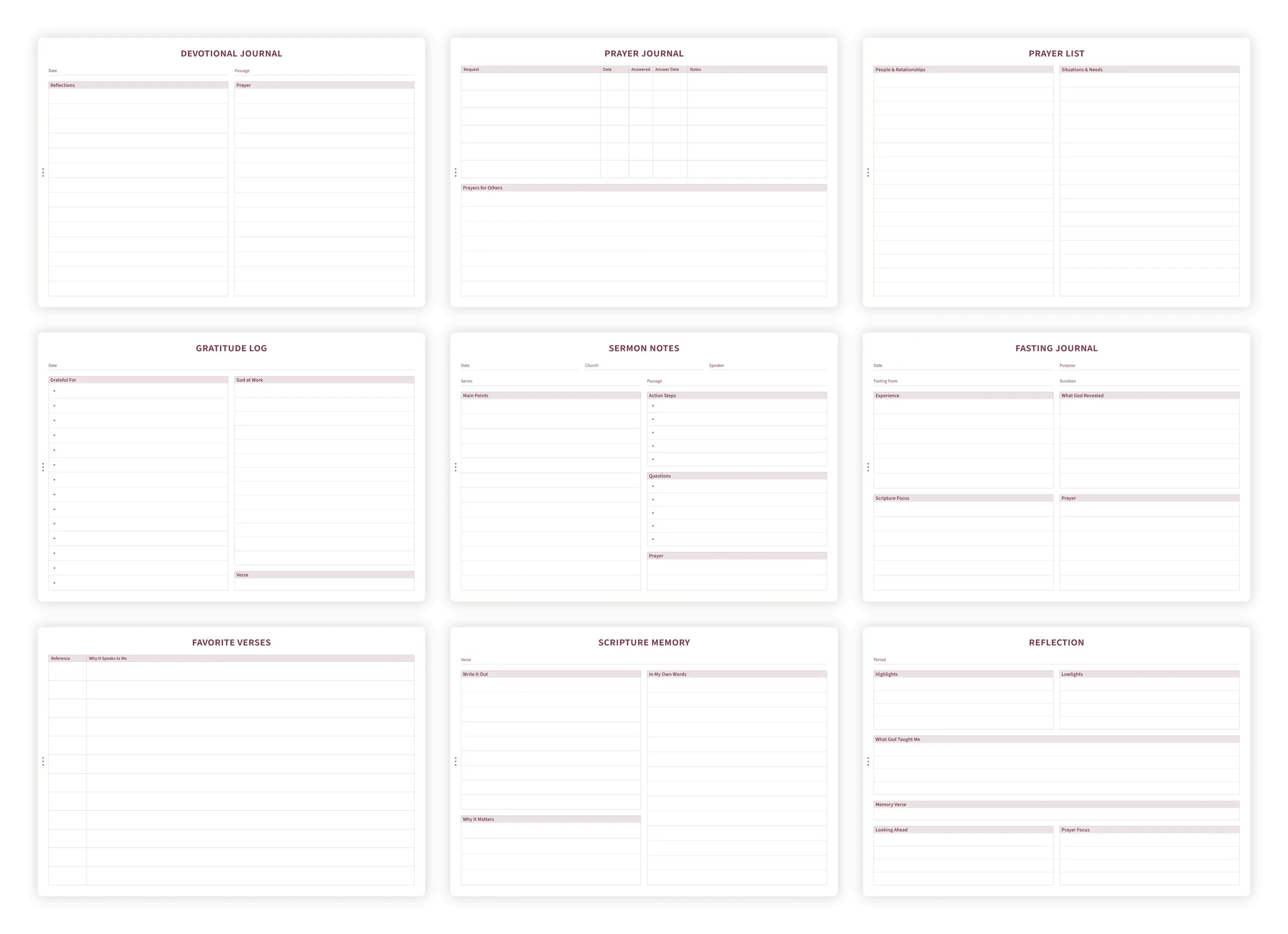 Overview of journal templates including prayer, gratitude, and sermon notes