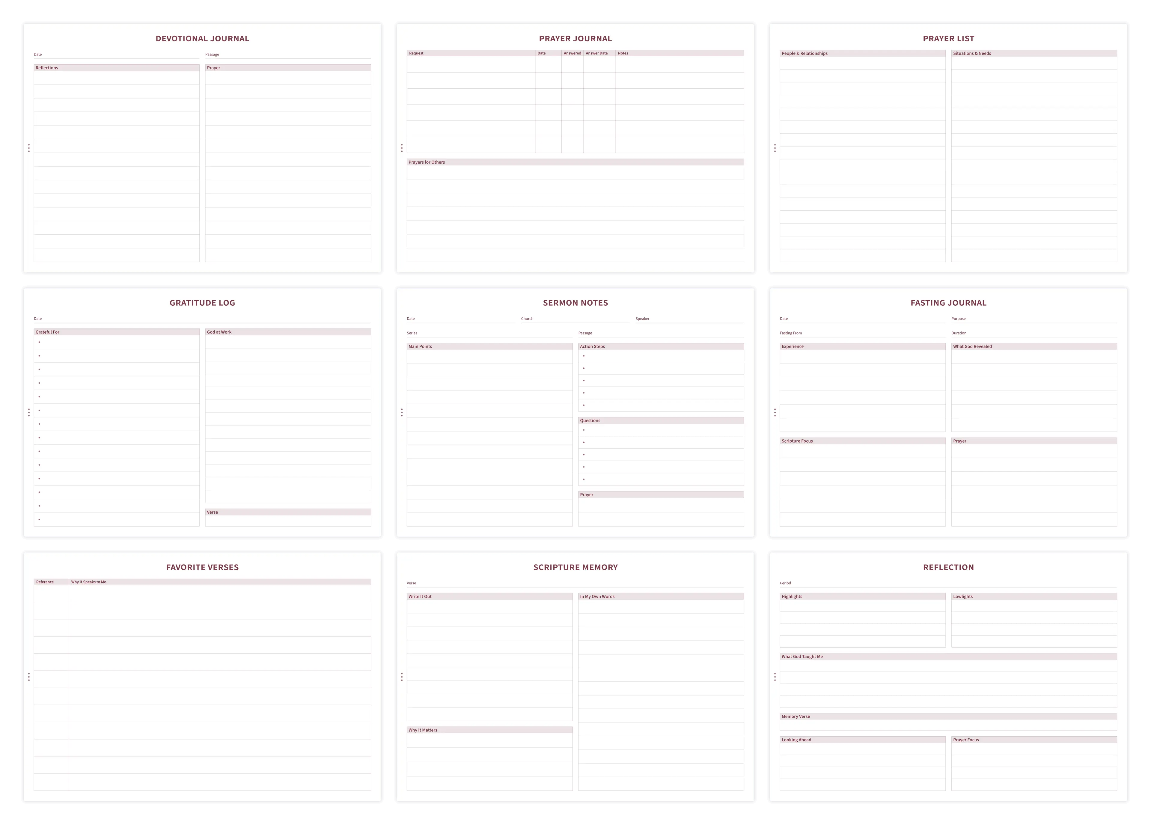 Overview of journal templates including prayer, gratitude, and sermon notes