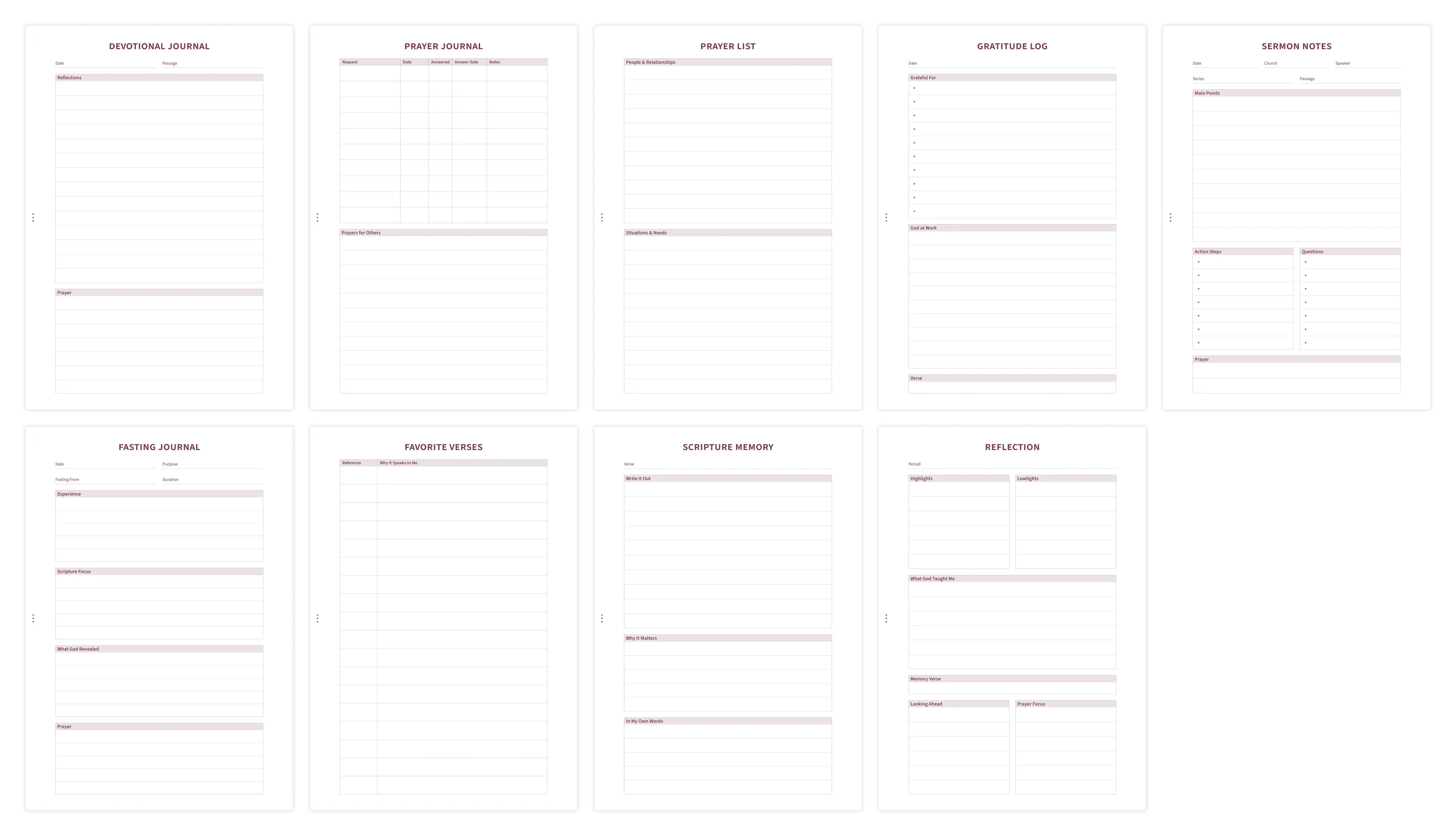Overview of journal templates including prayer, gratitude, and sermon notes