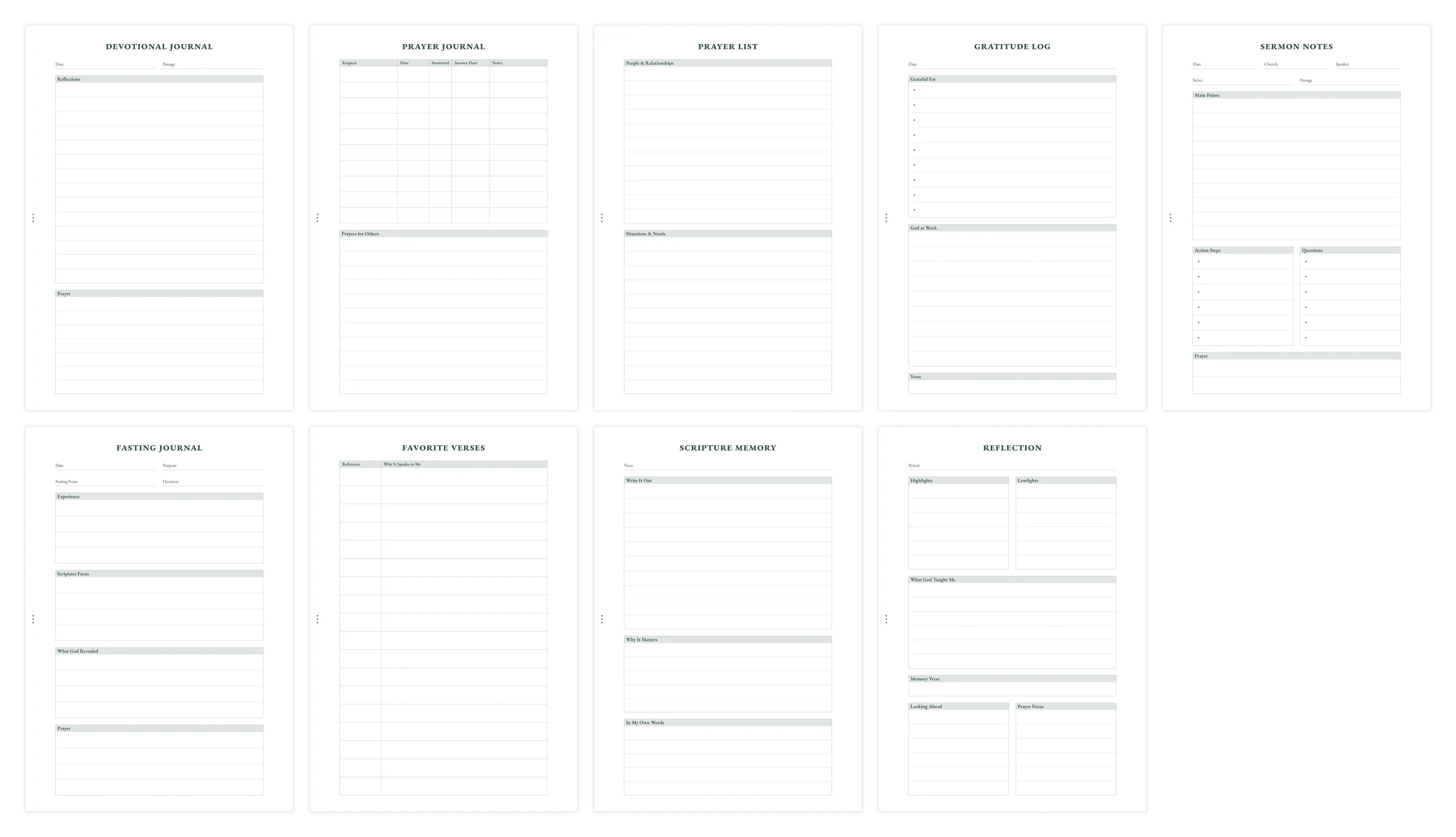 Overview of journal templates including prayer, gratitude, and sermon notes