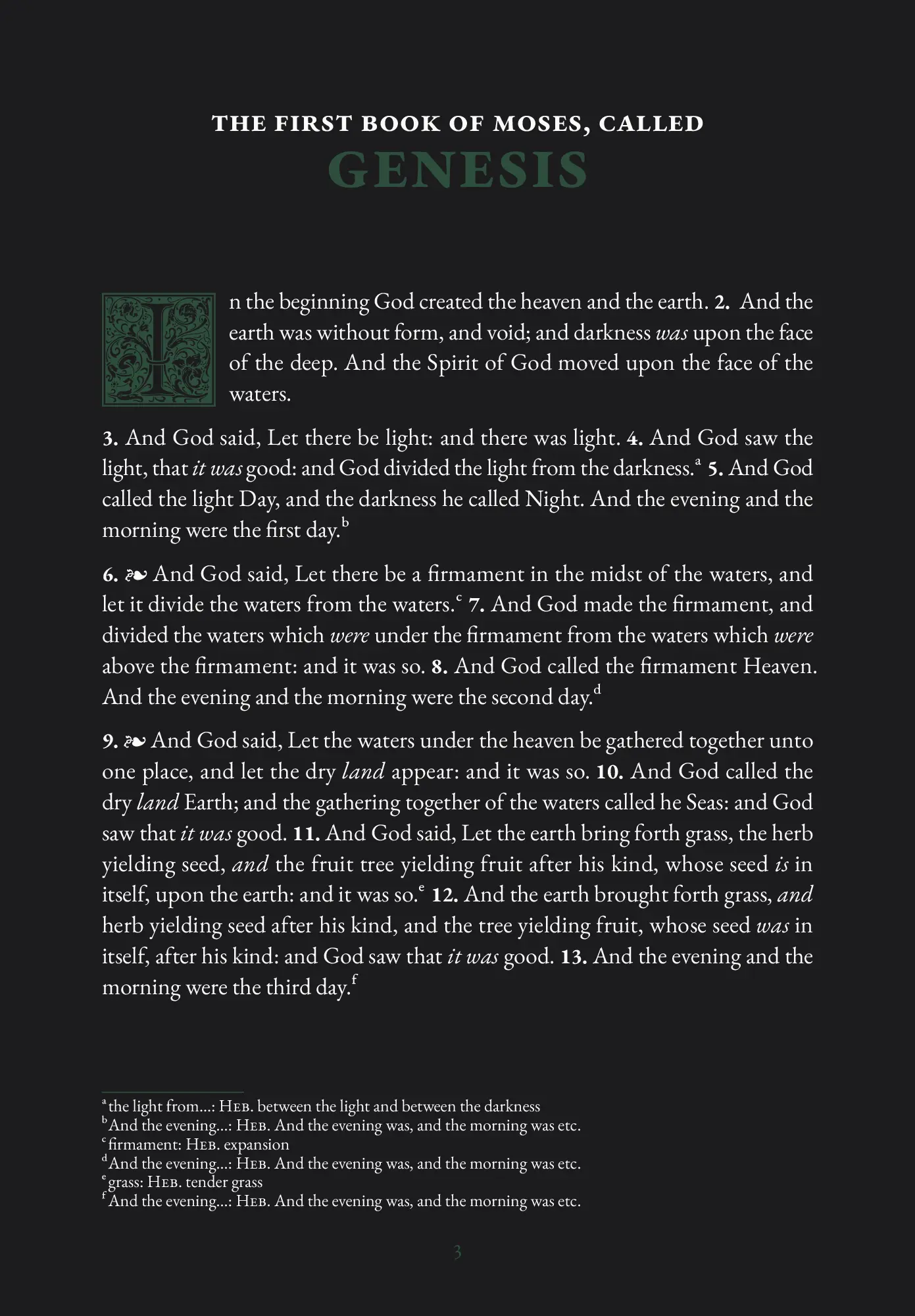 Opening page of Genesis in dark mode with ornate decorated initial capital