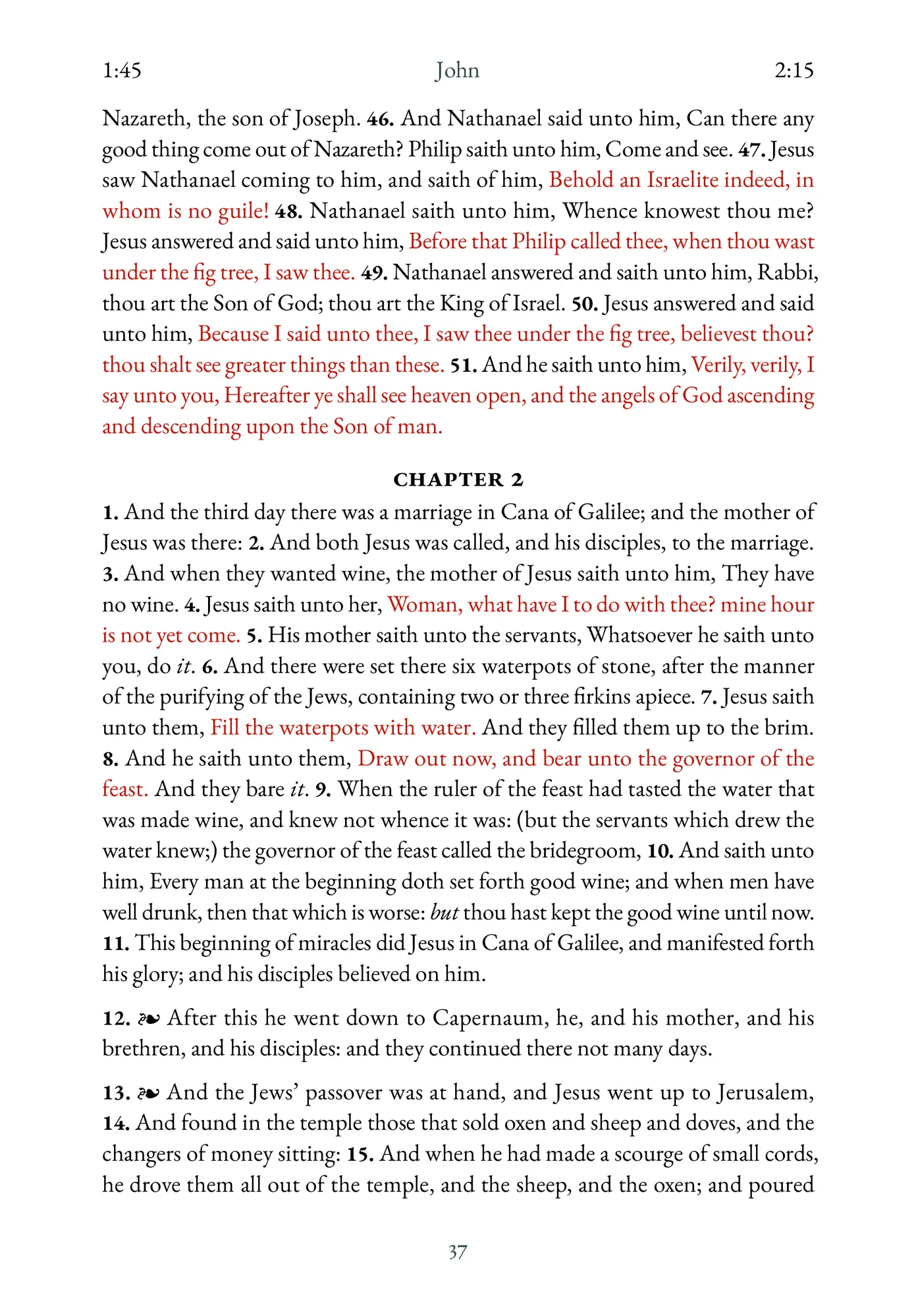 Interior spread of KJV Digital Bible showing end of John chapter 1 and beginning of chapter 2