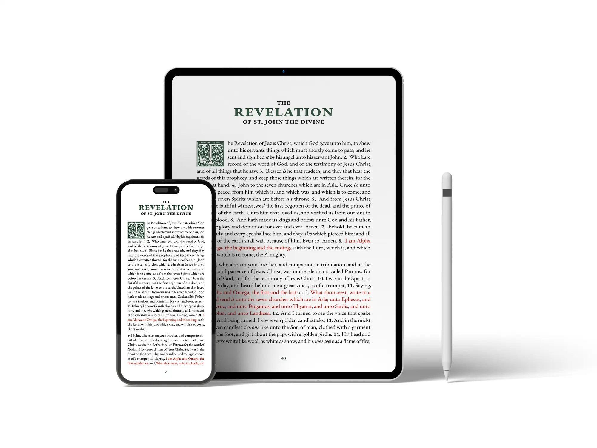 Mockup of tablet and smartphone showing respective versions of the first page of the Revelation of John the Divine