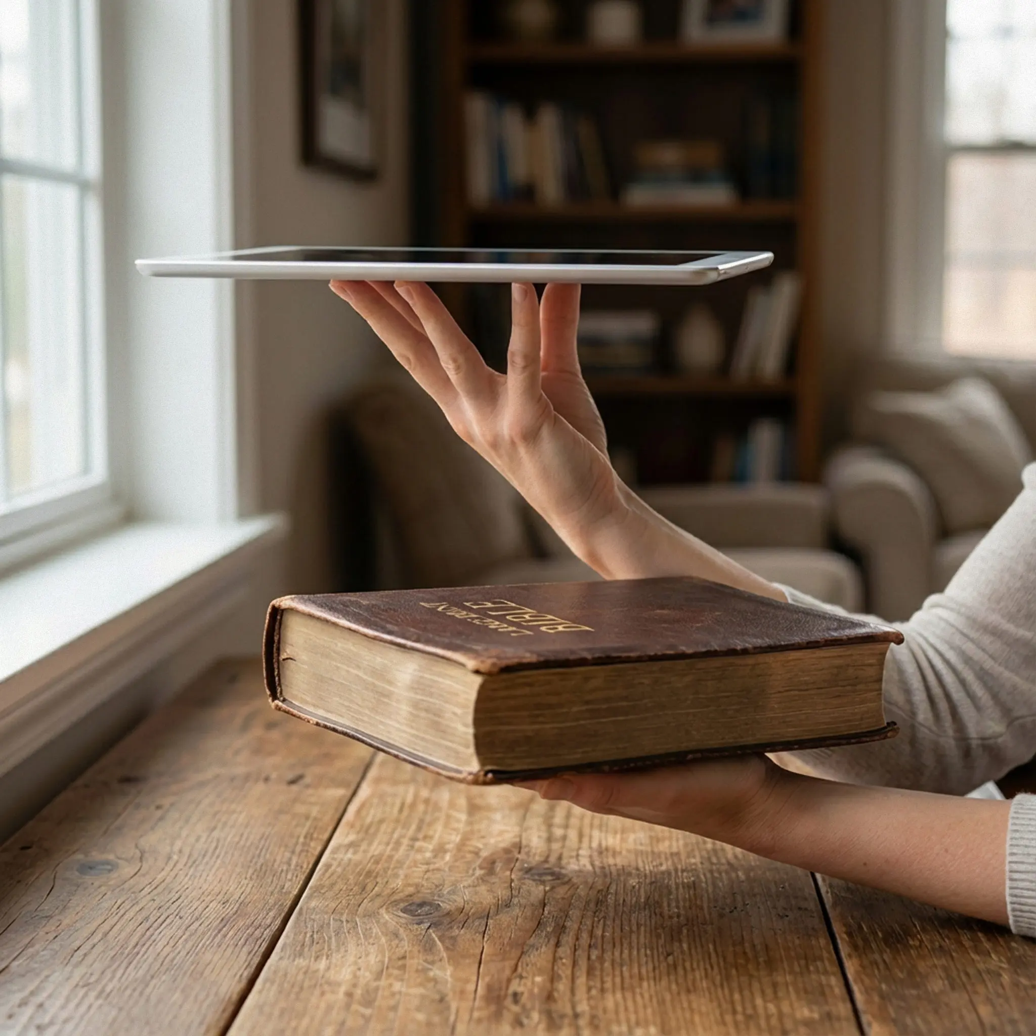 Hands comparing a thick leather Bible on a wooden table with a lightweight tablet balanced above