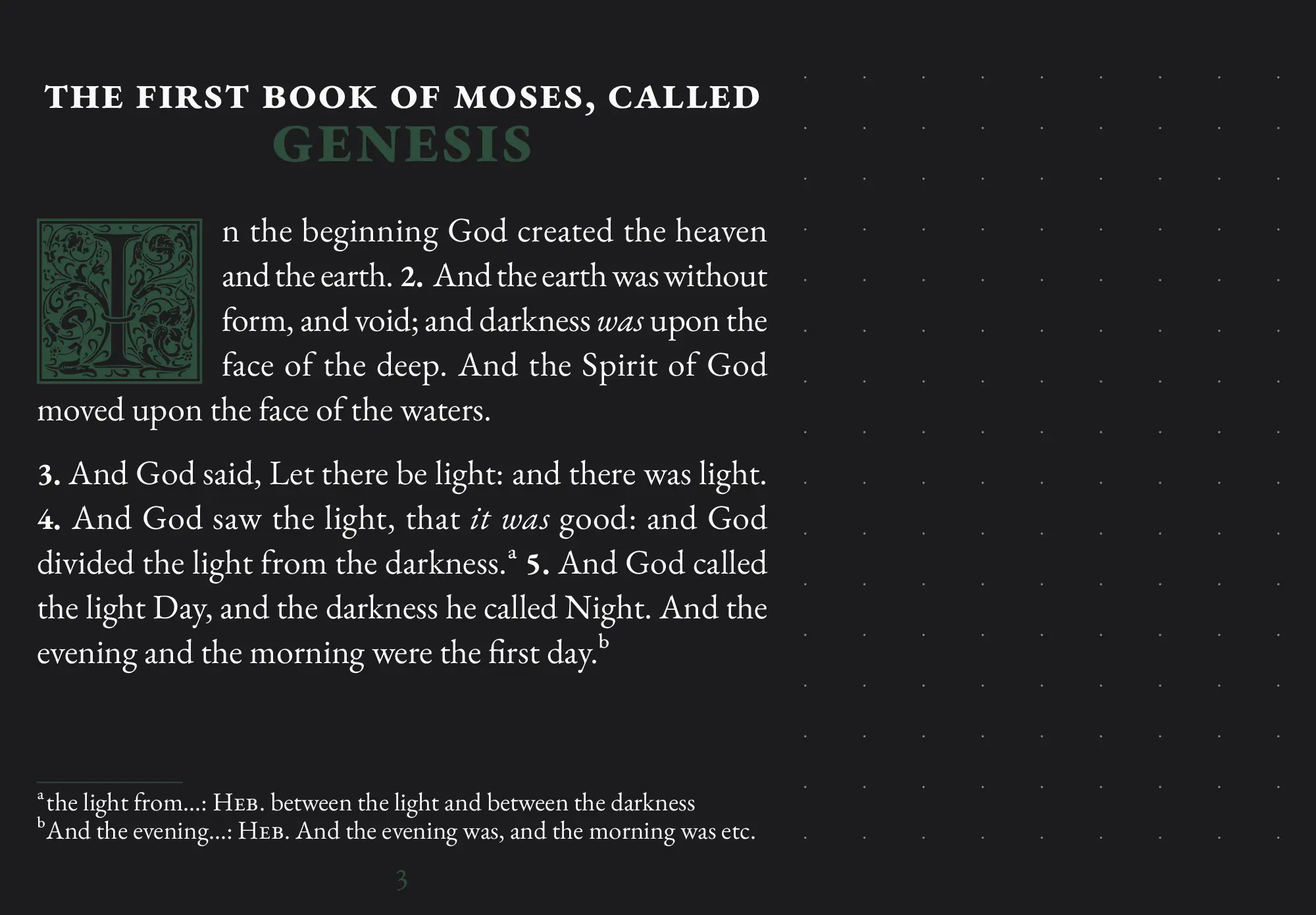 Opening page of Genesis in dark mode showing large print typography with decorated initial capital