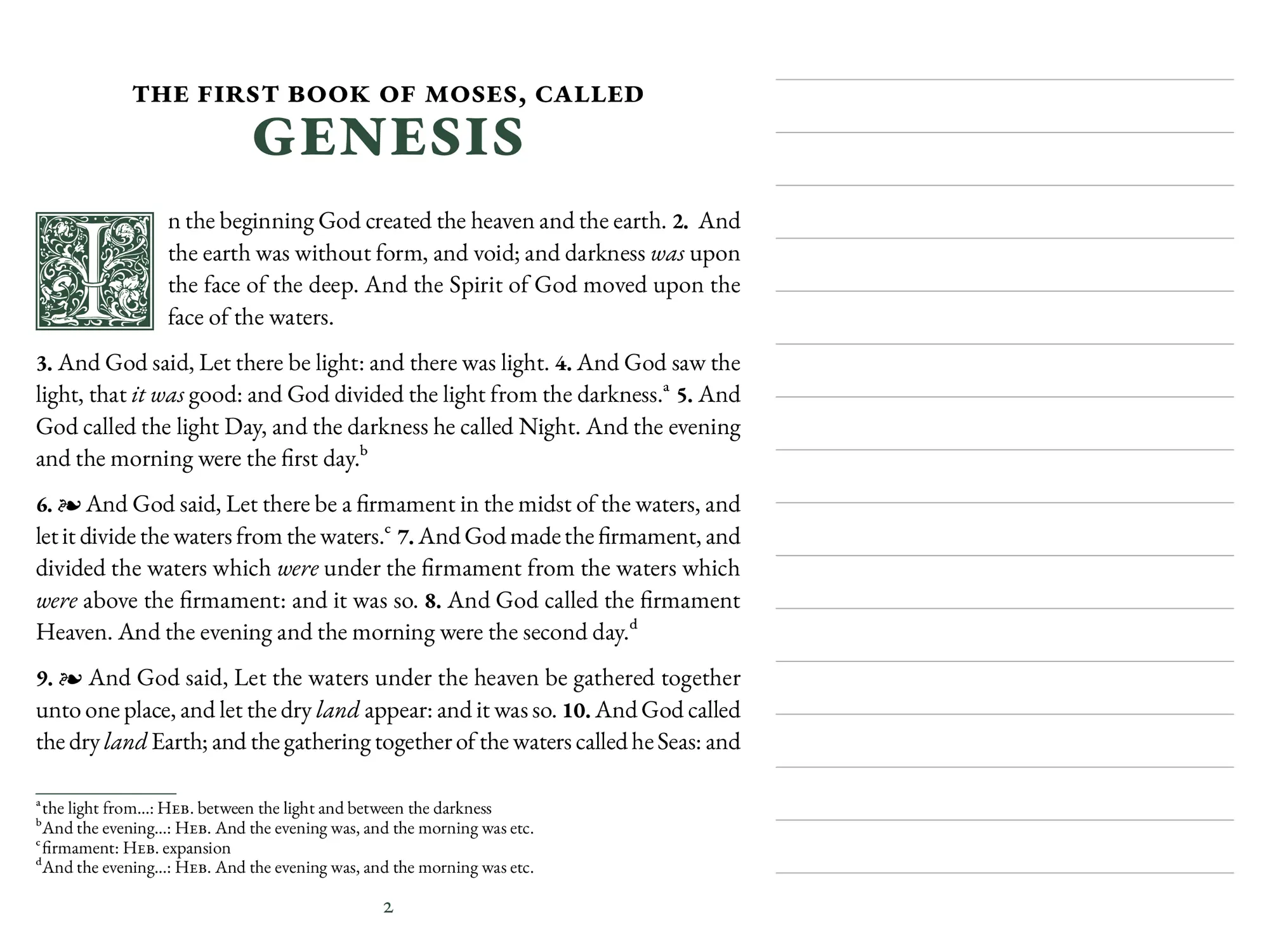 Interior spread of KJV Digital Notetaking Bible showing Genesis with footnotes and dotted margin
