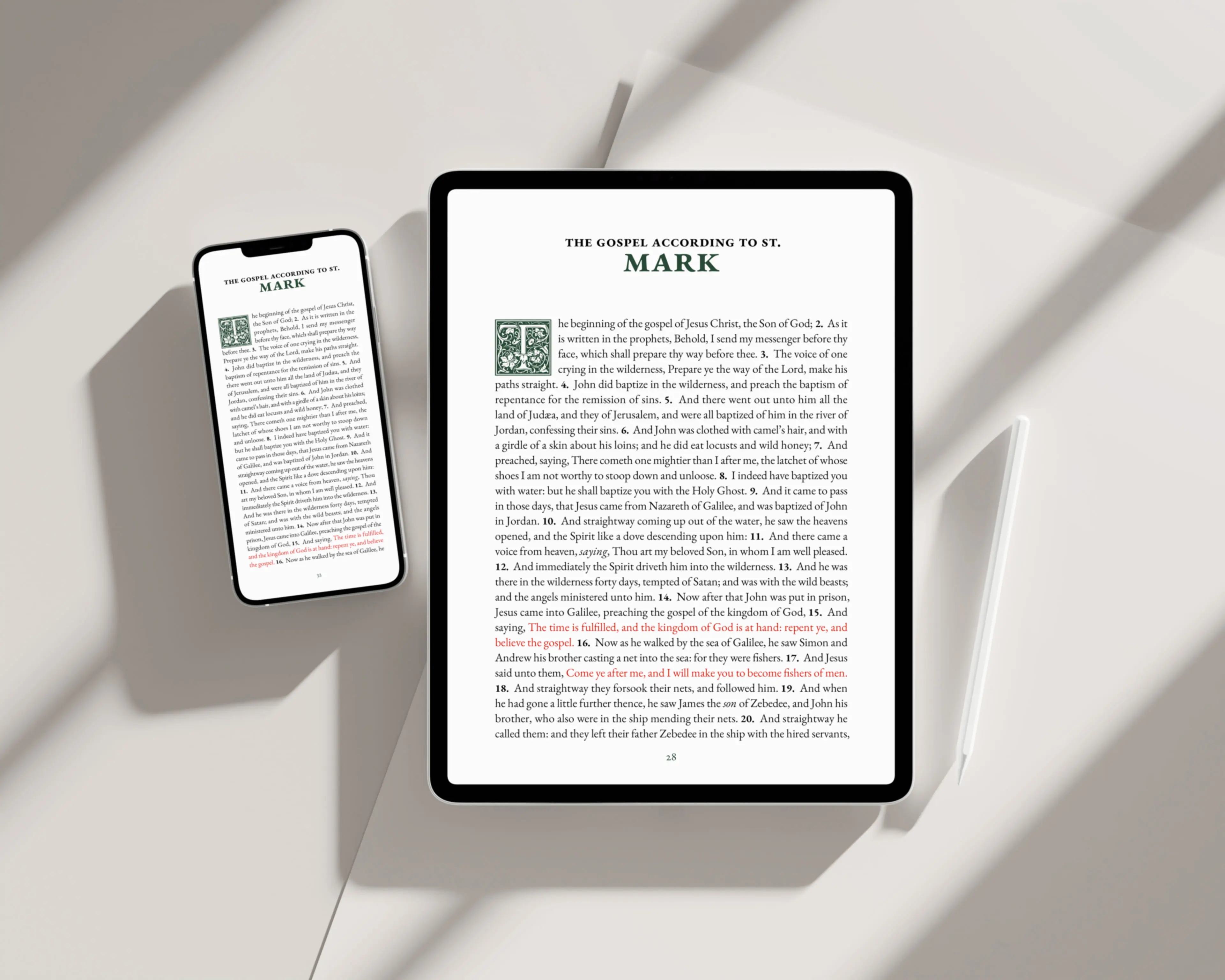 Mockup of tablet and smartphone showing Gospel of Mark from the notetaking edition