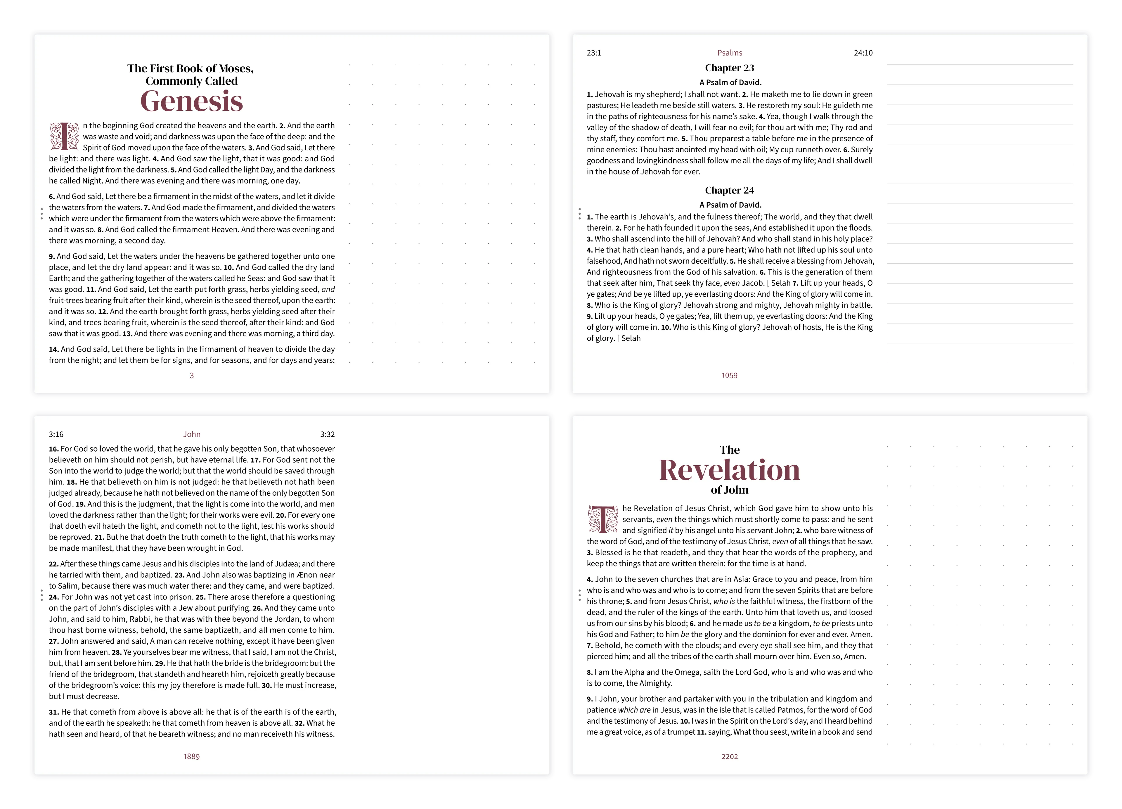 Four landscape notetaking pages showing dotted, lined, and clear margin styles