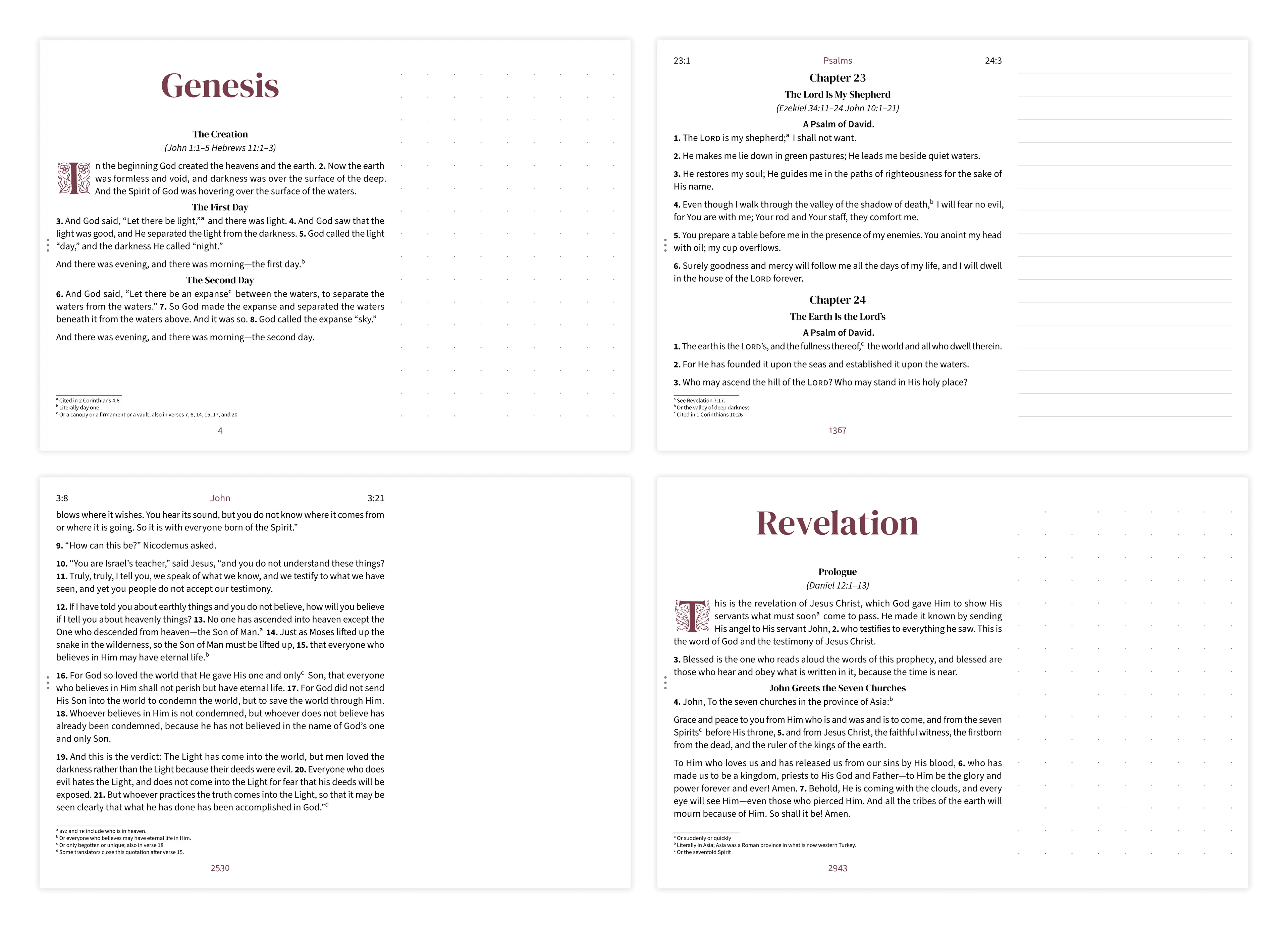 Four landscape notetaking pages showing dotted, lined, and clear margin styles