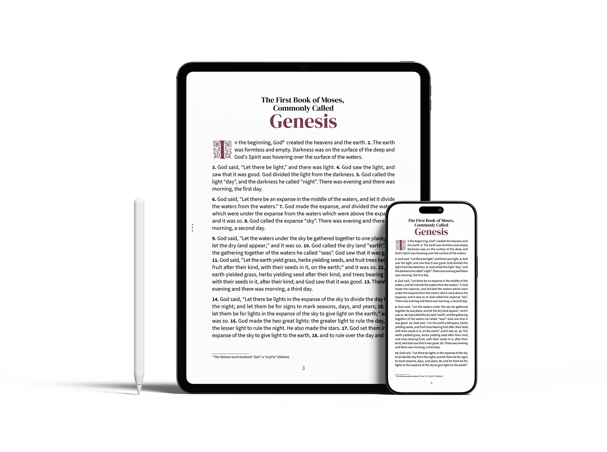 Tablet and smartphone showing a Bible reading page in the Embrace design