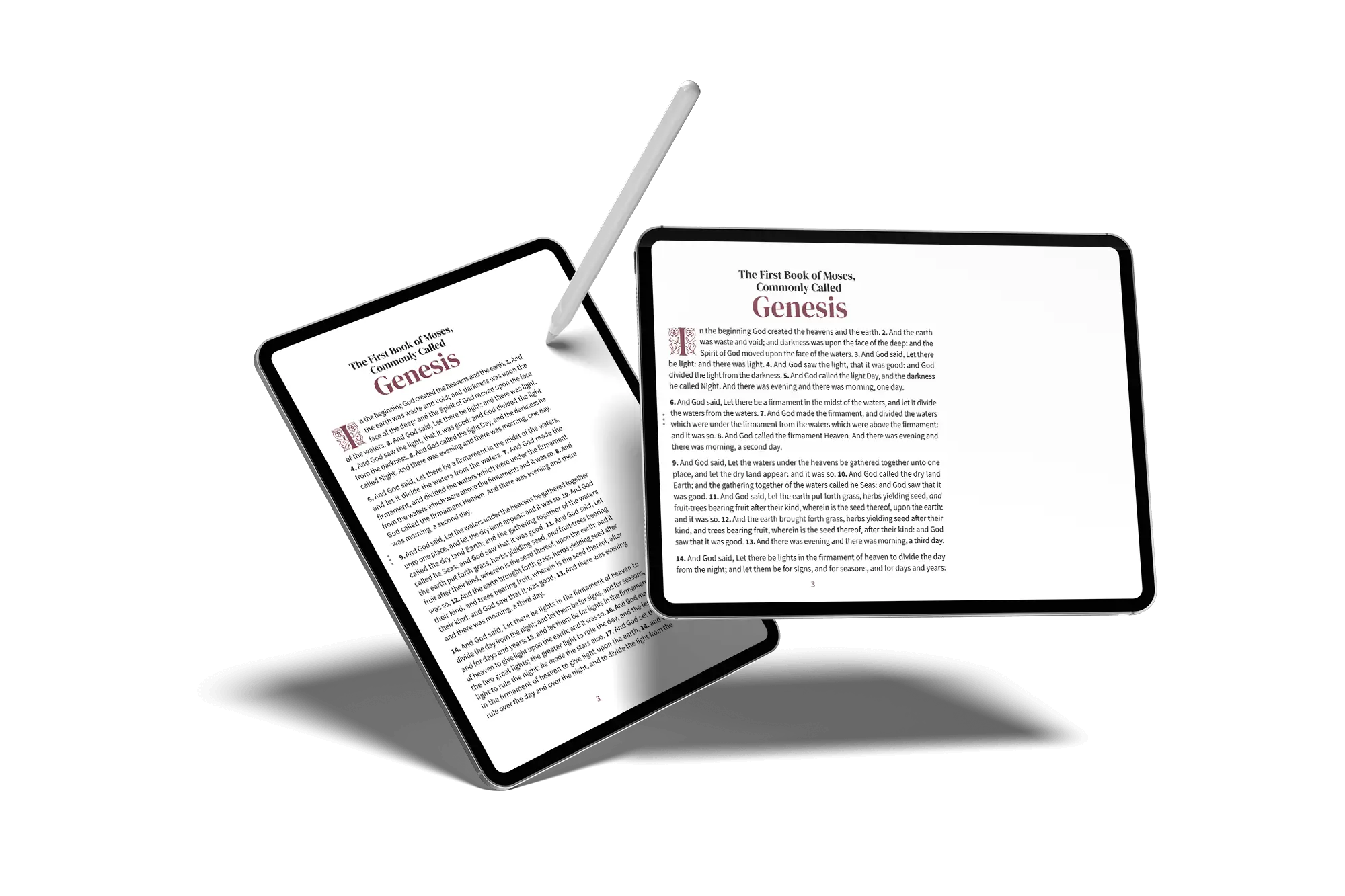 Portrait and landscape tablets showing notetaking Bible pages in the Embrace design