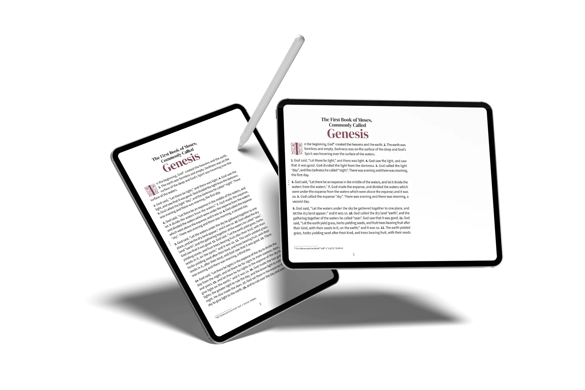 Portrait and landscape tablets showing notetaking Bible pages in the Embrace design