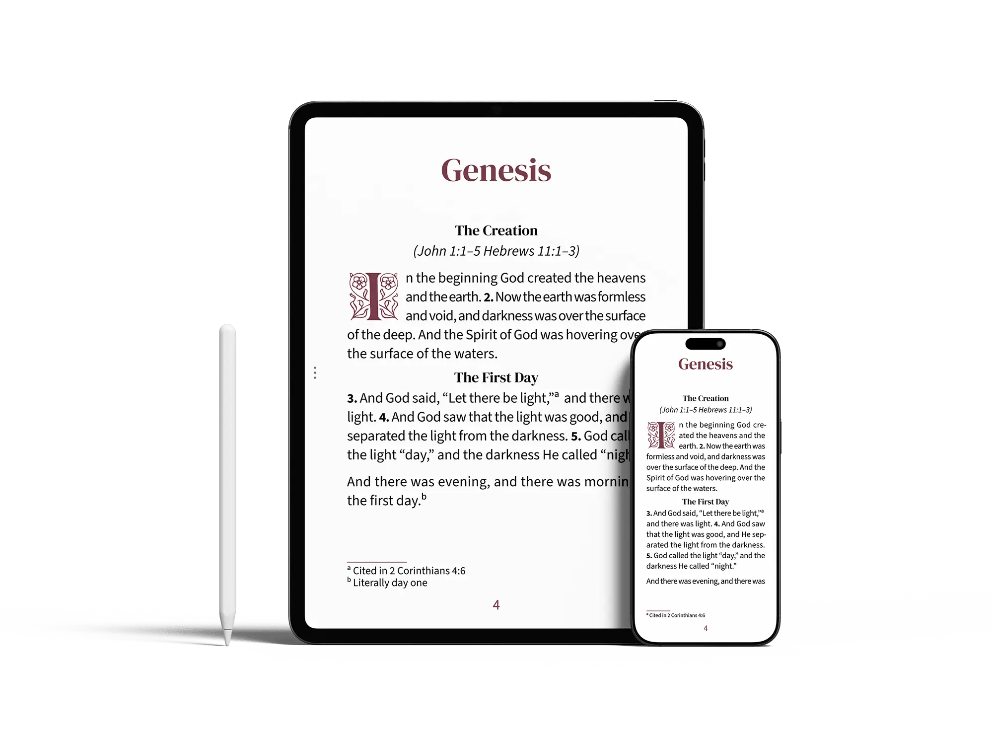 Tablet and smartphone showing a large print Bible page in the Embrace design