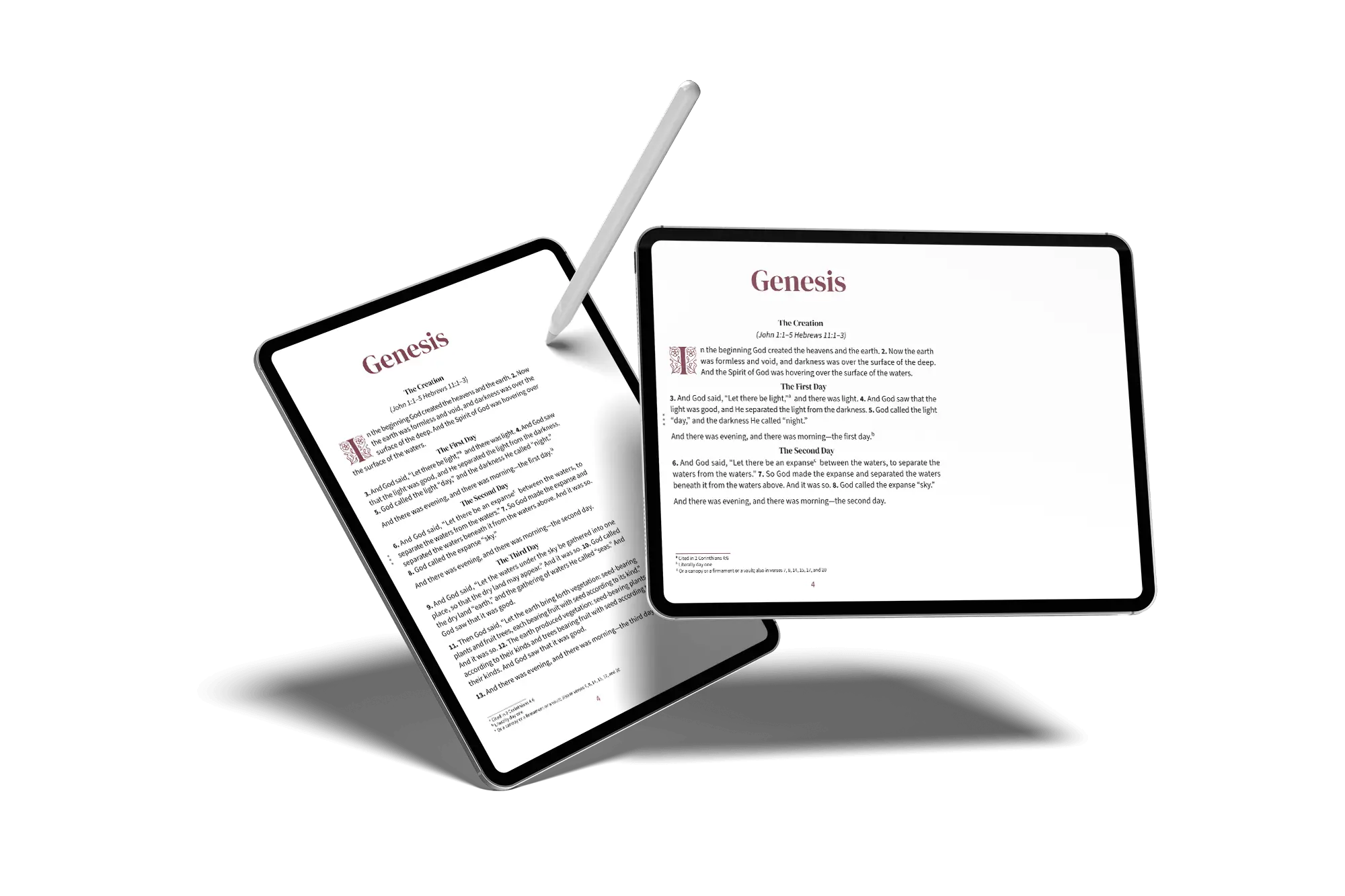 Portrait and landscape tablets showing notetaking Bible pages in the Embrace design