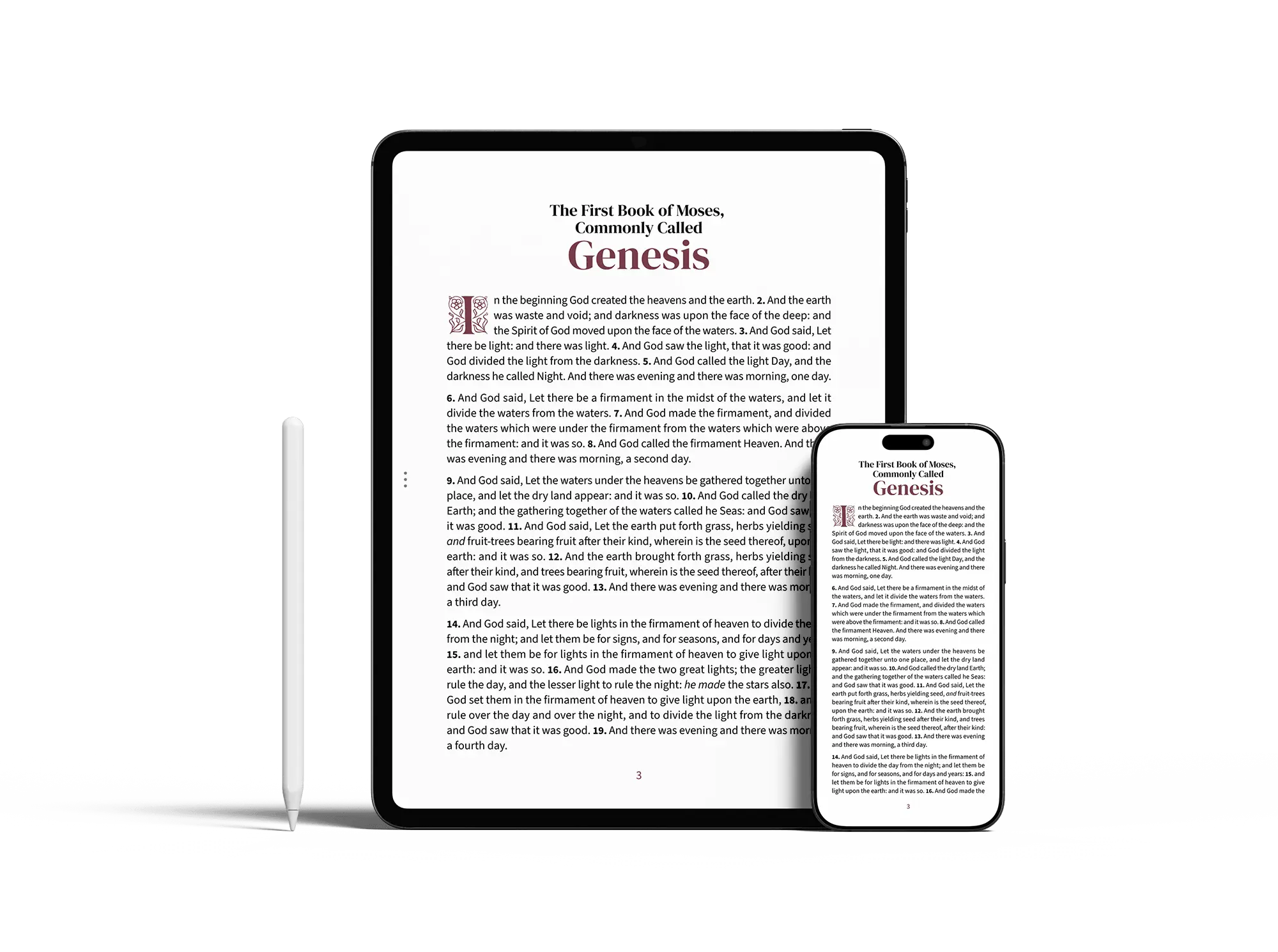 Tablet and smartphone showing a Bible reading page in the Embrace design