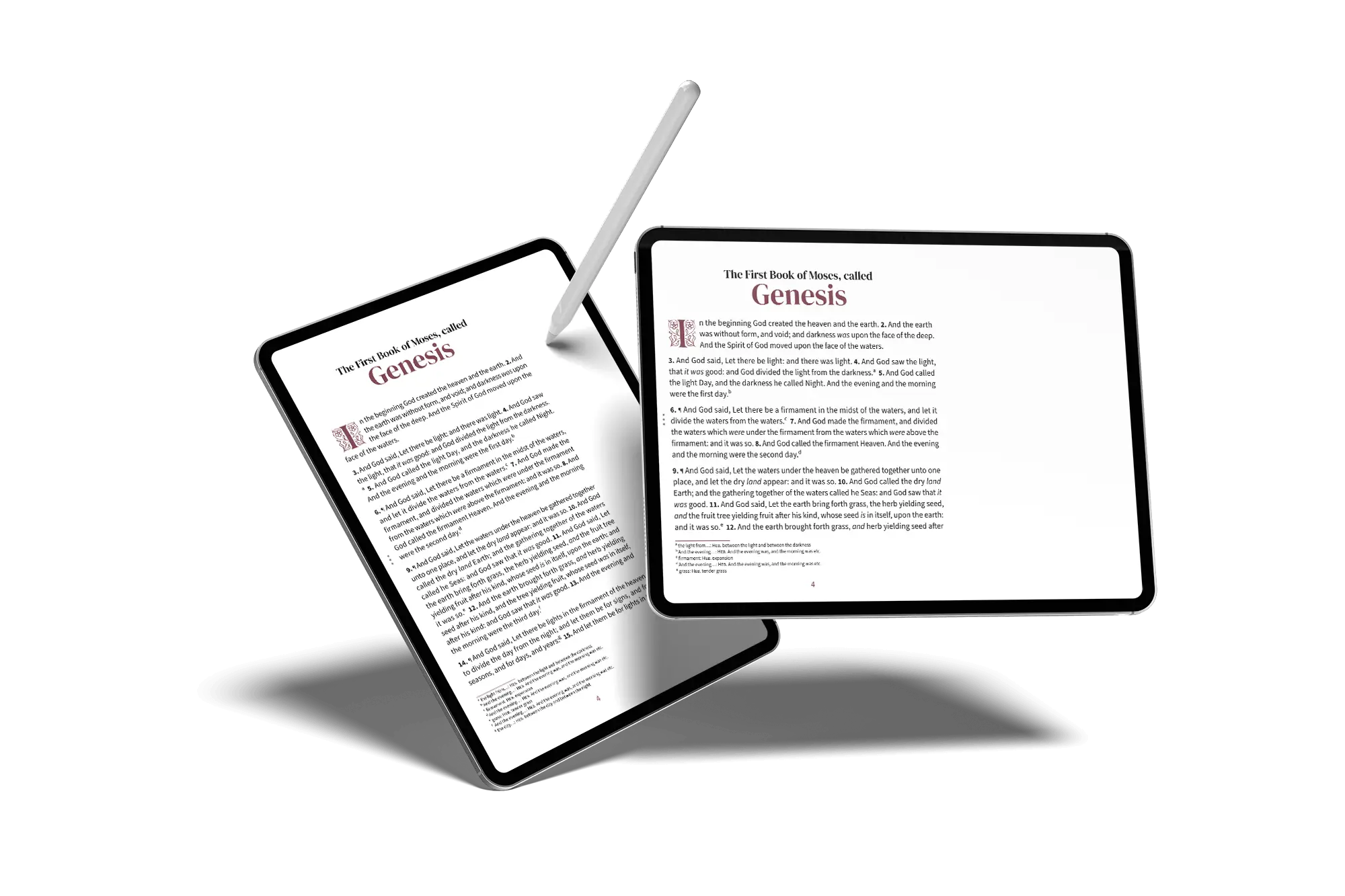 Portrait and landscape tablets showing notetaking Bible pages in the Embrace design