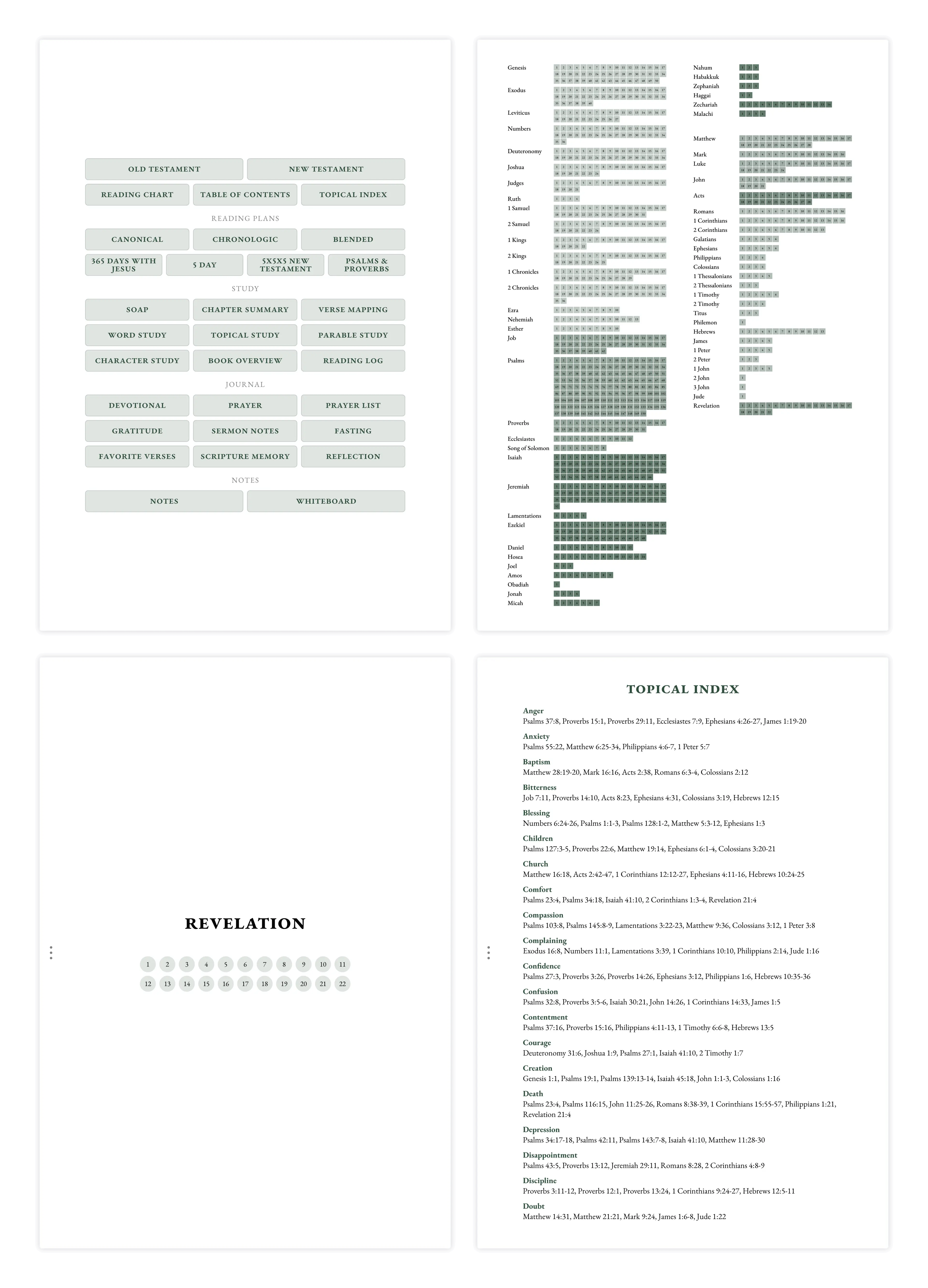 Navigation screens: table of contents, reading chart, book index, and topical index