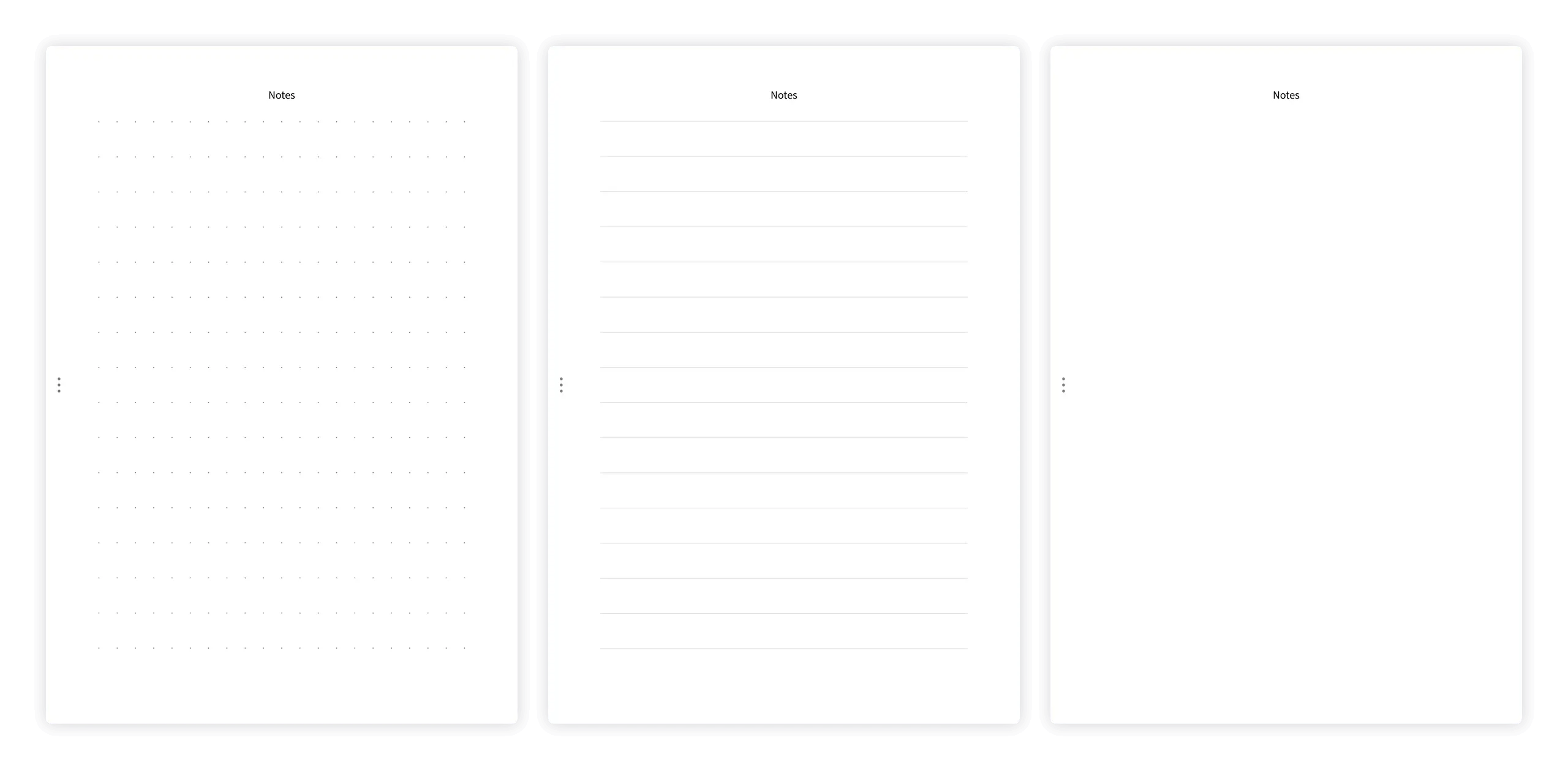 Overview of notes page styles: clear, dotted, and lined