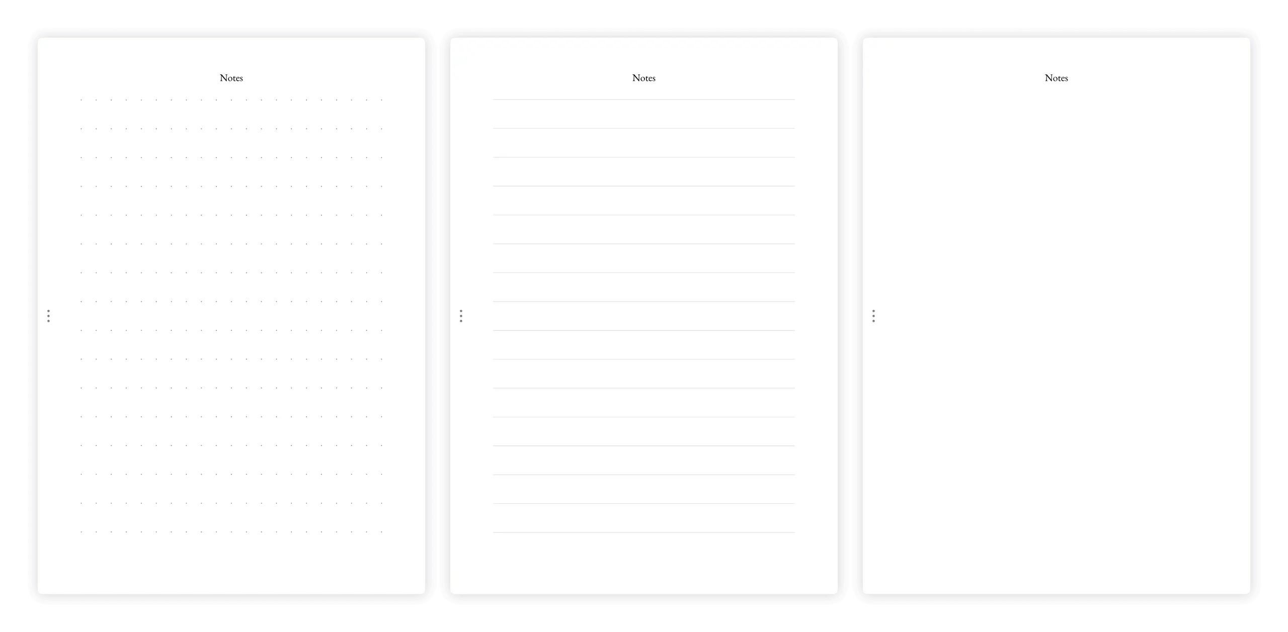 Overview of notes page styles: clear, dotted, and lined