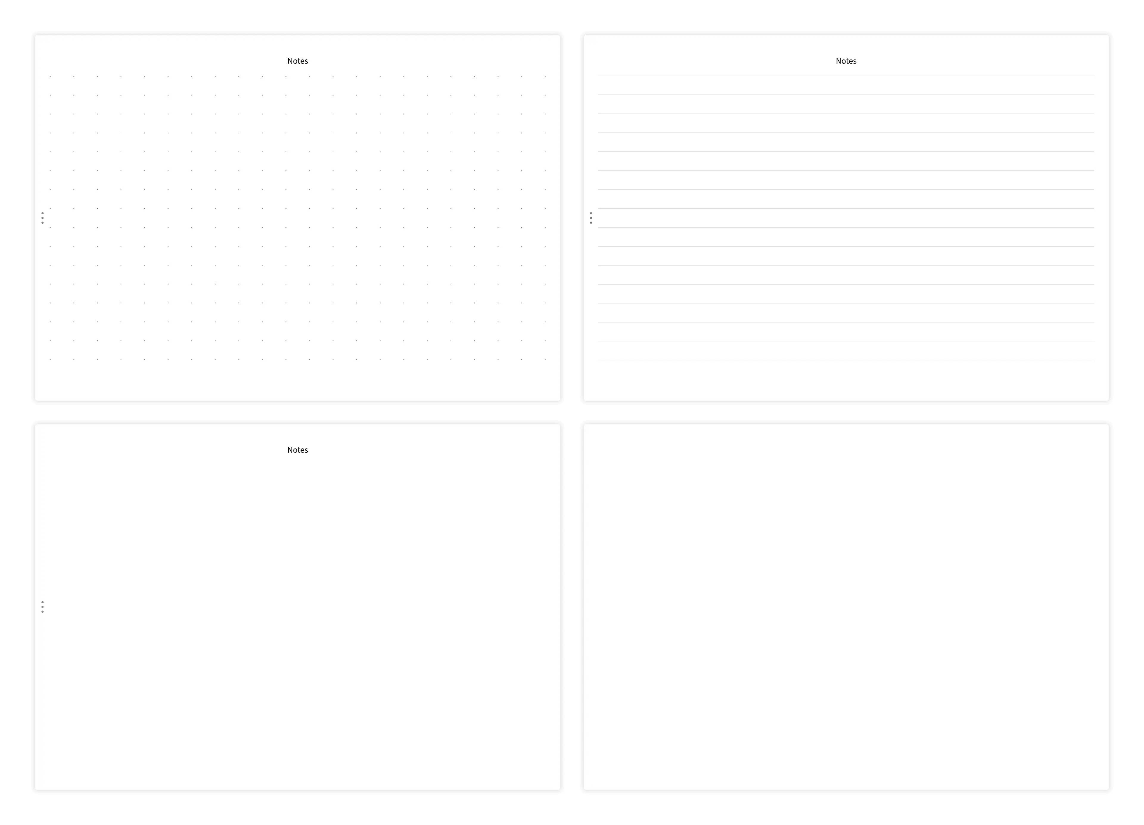 Overview of note page variants: dotted, lined, clear, and whiteboard