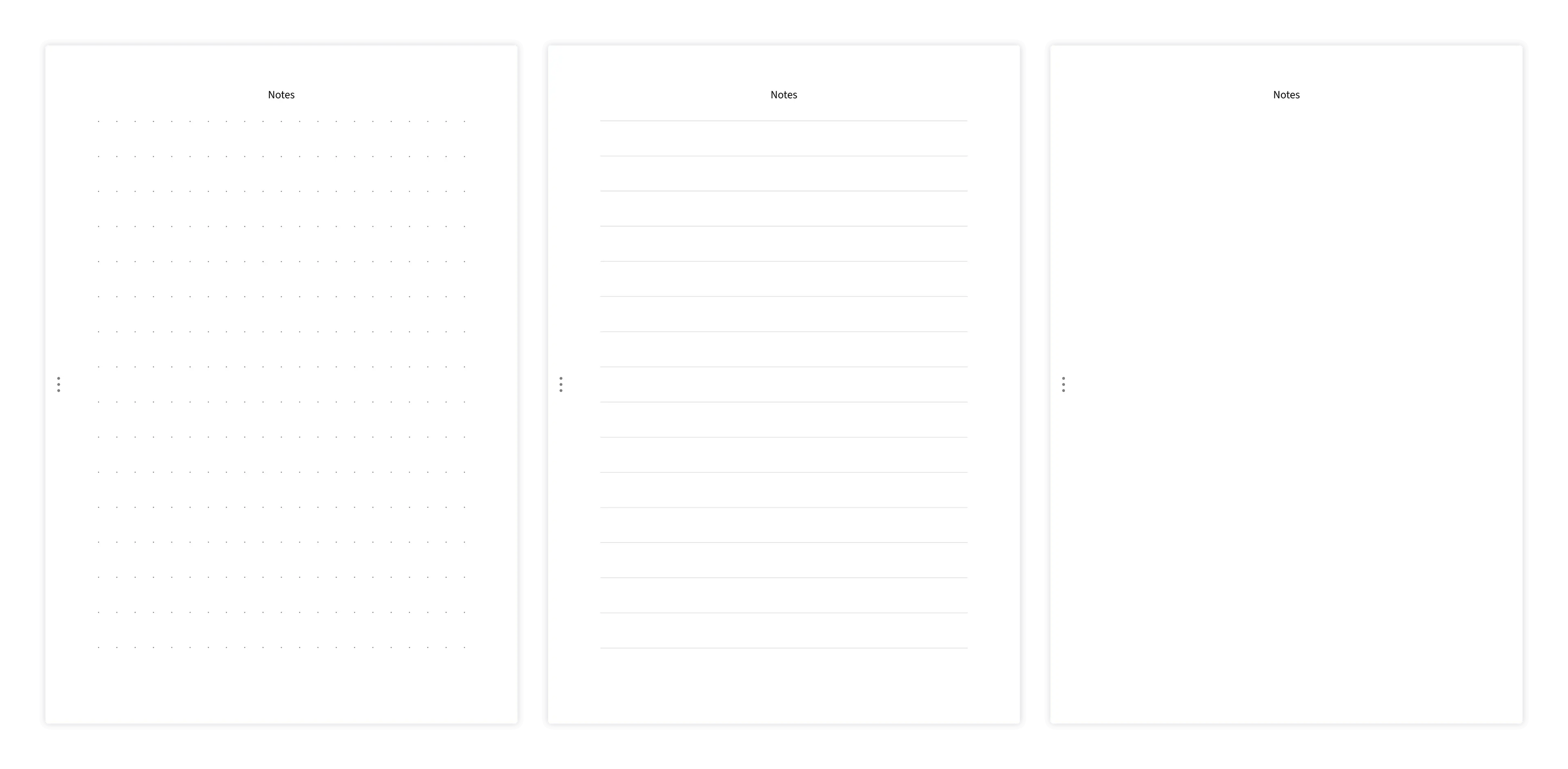 Overview of notes page styles: clear, dotted, and lined