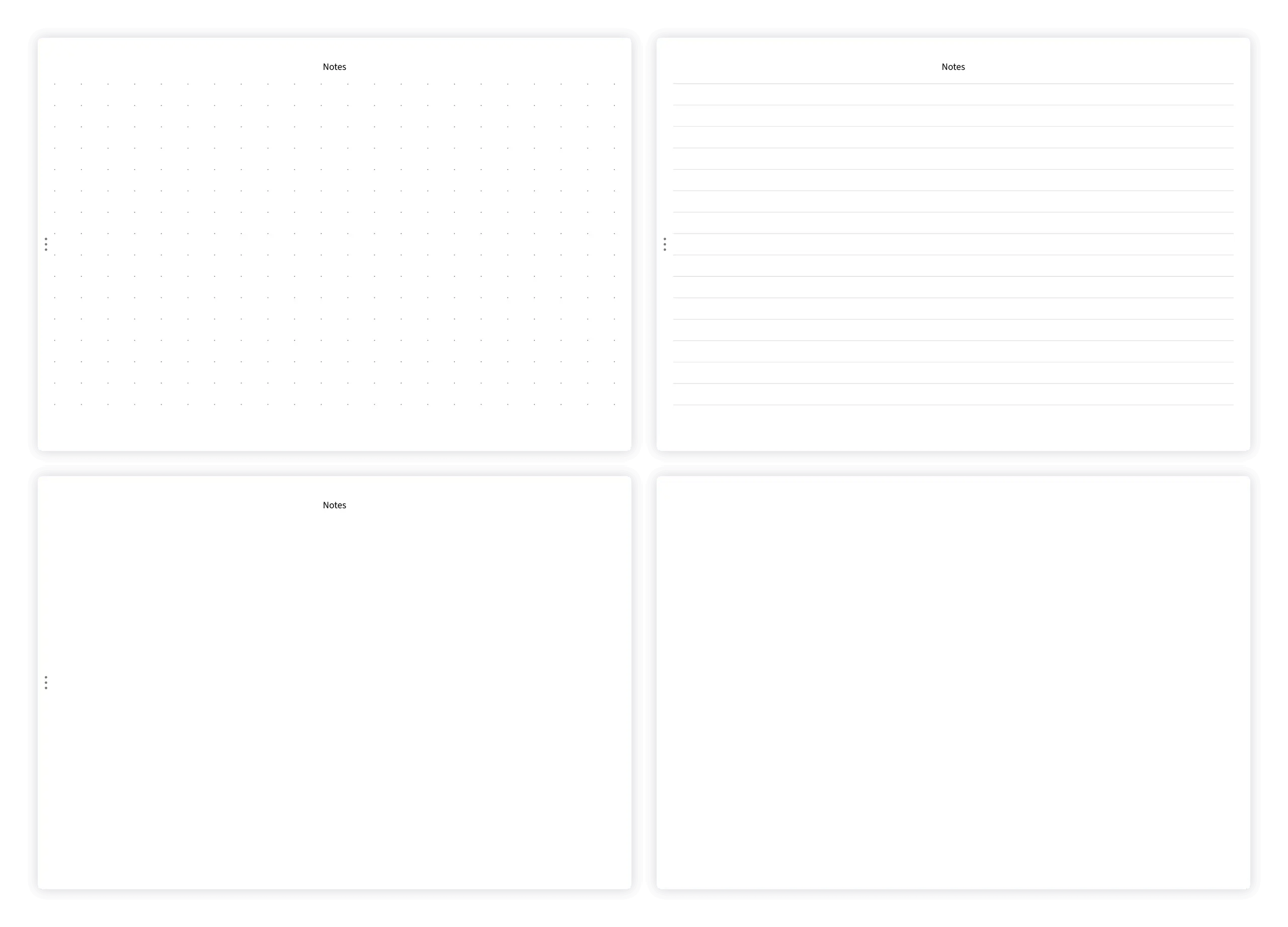 Overview of note page variants: dotted, lined, clear, and whiteboard