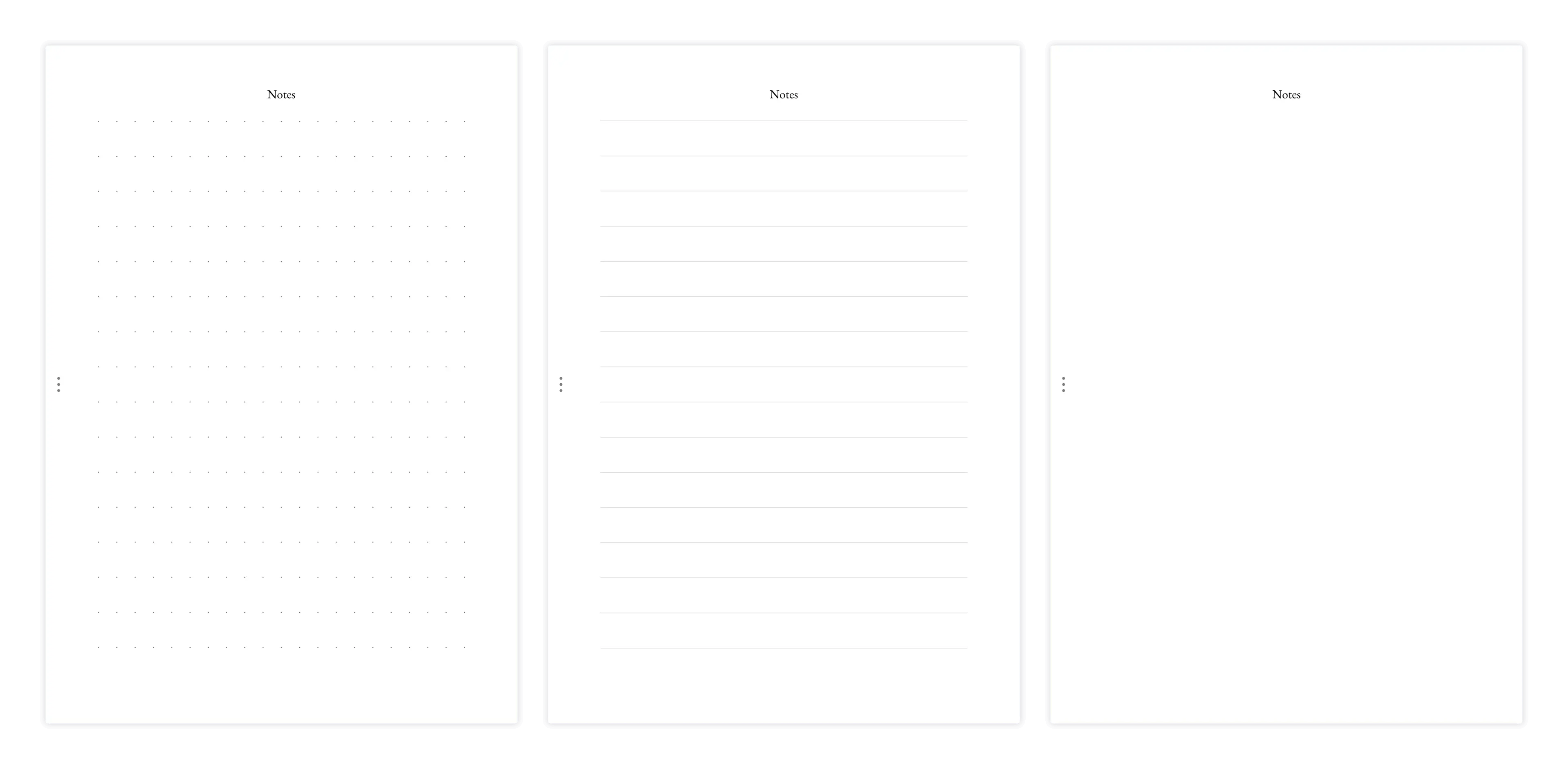 Overview of notes page styles: clear, dotted, and lined