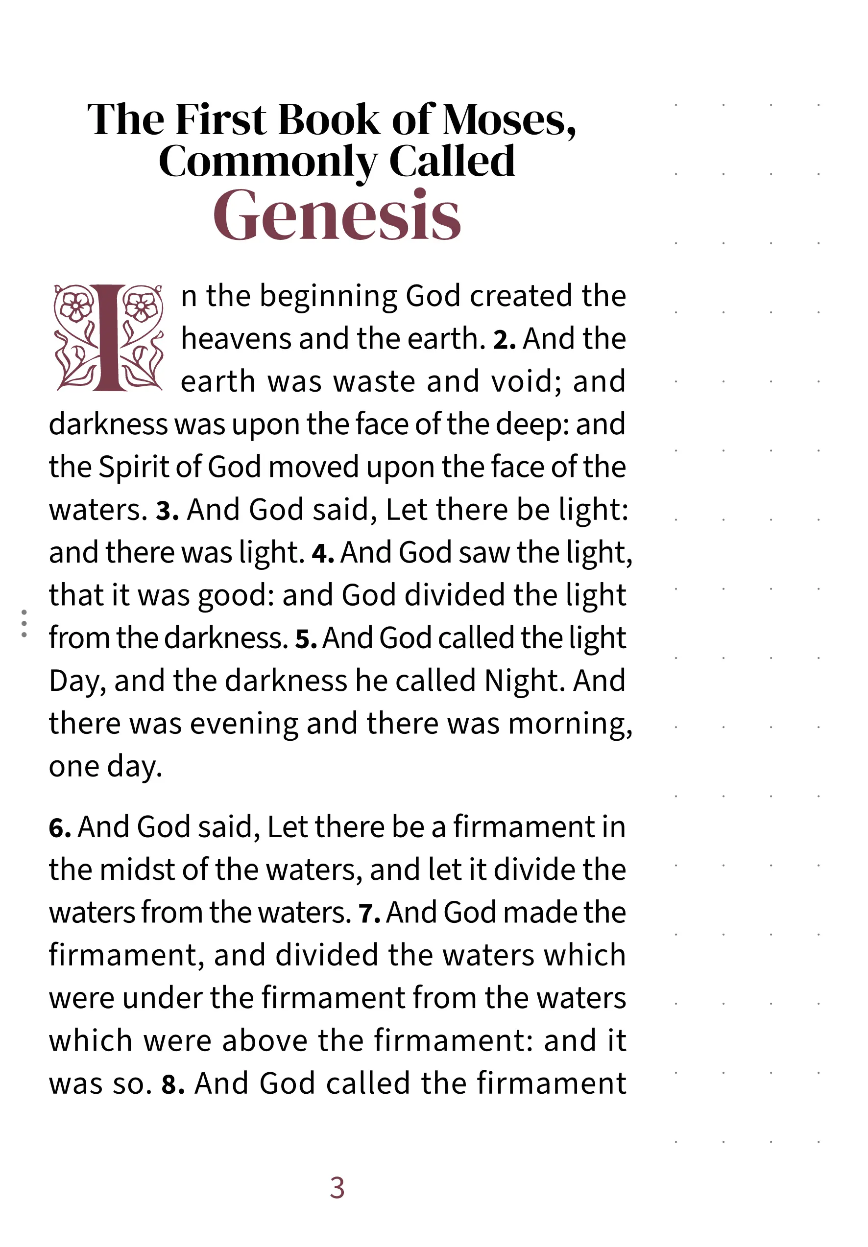 Interior page showing Genesis 1:1 in the Embrace large print with dotted notetaking margin